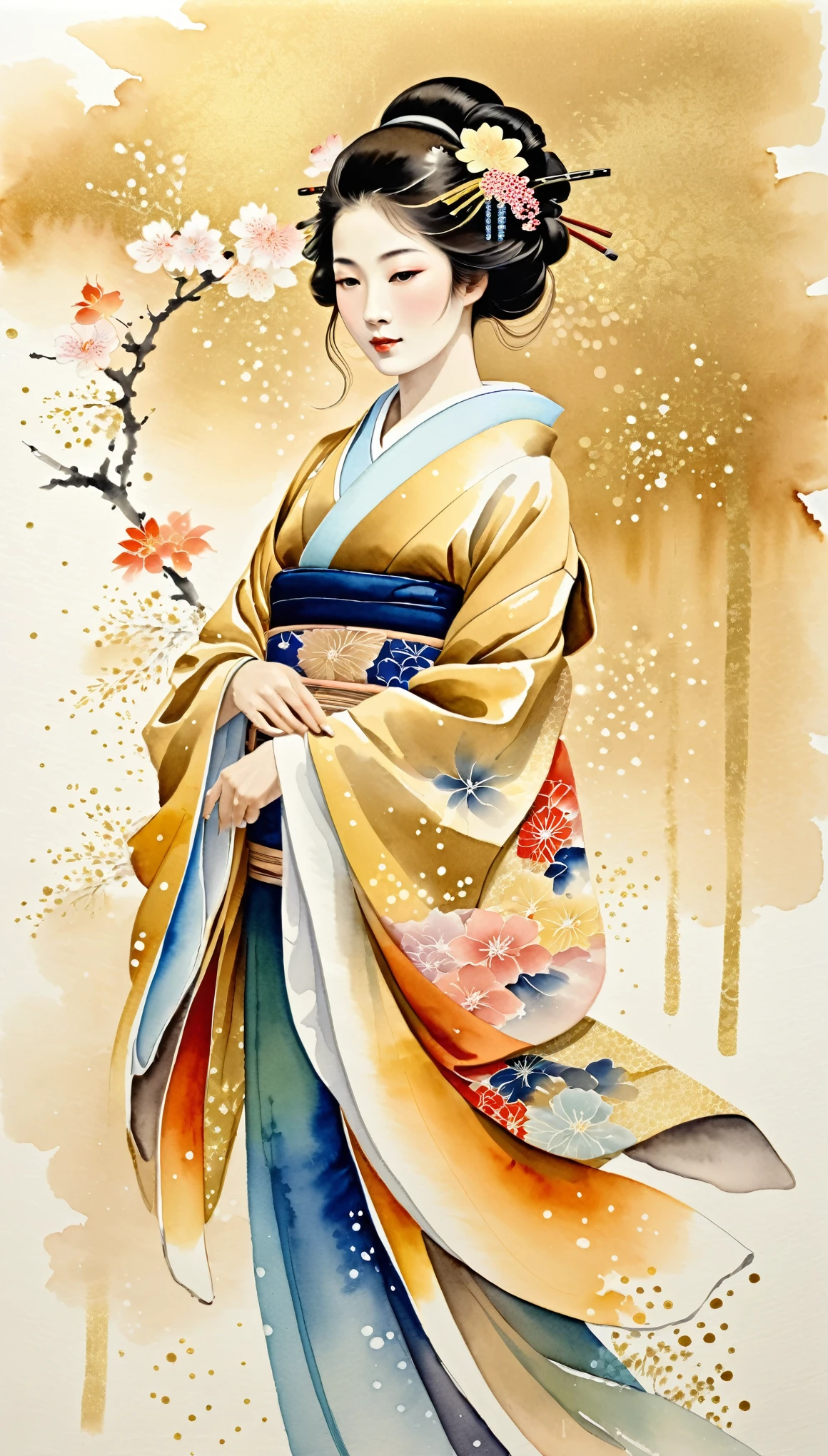masterpiece,A Japanese ink and water painting of a Japanese woman in a beautiful kimono,(Beautiful gradation created by layering),(Tarashikomi technique),(Gold dust base with floral patterns)