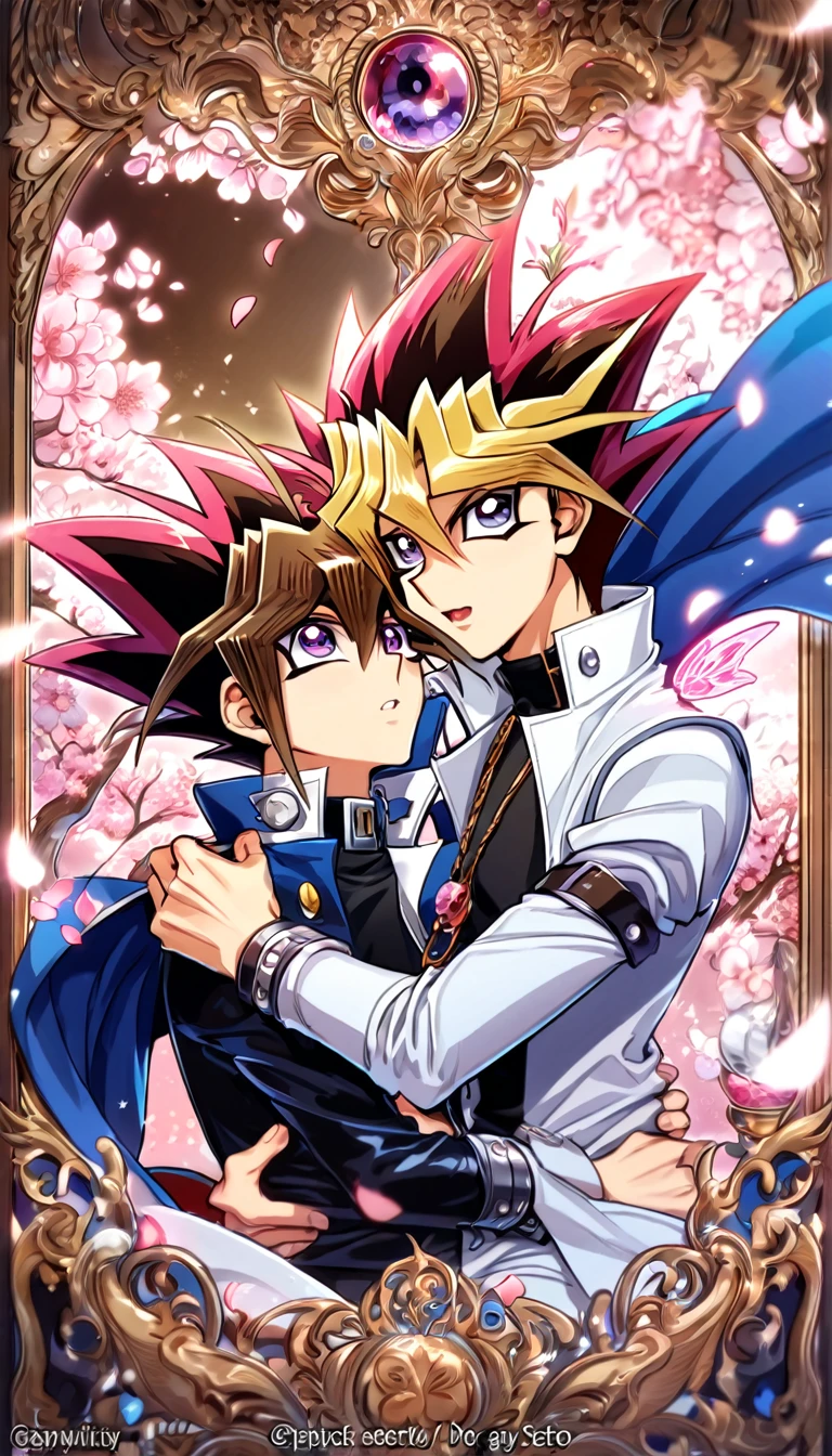 absurdres, highres, ultra detailed, HDR, master piece, best quality, extremely detailed, Mutou Yuugi, blonde hair, expressive purple eyes, Yu-Gi-Oh, Kaiba Seto, brown hair, expressive blue eyes, two sexy men together, yaoi, gay couple, handsome, handsome smile, sensual, white coat, black shirt, blue cape, magical, sparkling, pink glittering fireflies, pink ice, pink ice butterflies, pink ice petals, pink ice cherry blossoms, pink crystal, pink flowers