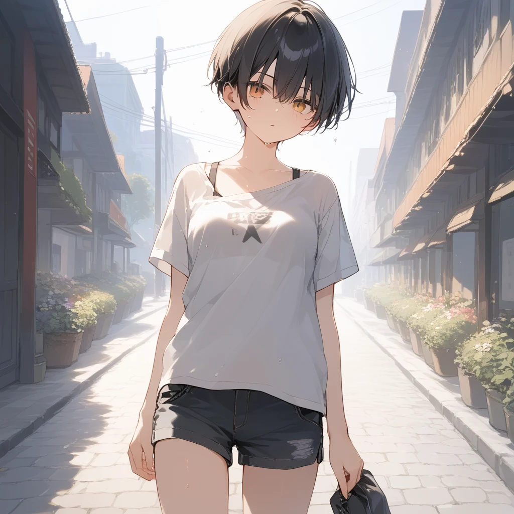 score_9, score_8_up, score_7_up, source_anime, best quality, masterpiece, official art, absurdres, highres, ultra-detailed,waifu2x,Collection: Serious Beauty,break,1girl, tomboy, very short hair, pixie cut, breasts,  beautiful detailed eyes, expressionless, blank stare, shorts, sweat, dripping, parted lips, outdoors,meadow, wind, break,(clear line illustration:1.2), super detailed skin,very high resolution, very aesthetic, Best sexual lighting powered by famous artist, 8k, beauty illustration,photoshop_(medium),,(Detailed Lighting),best anime 8k konachan wallpaper, pixiv contest winner, 