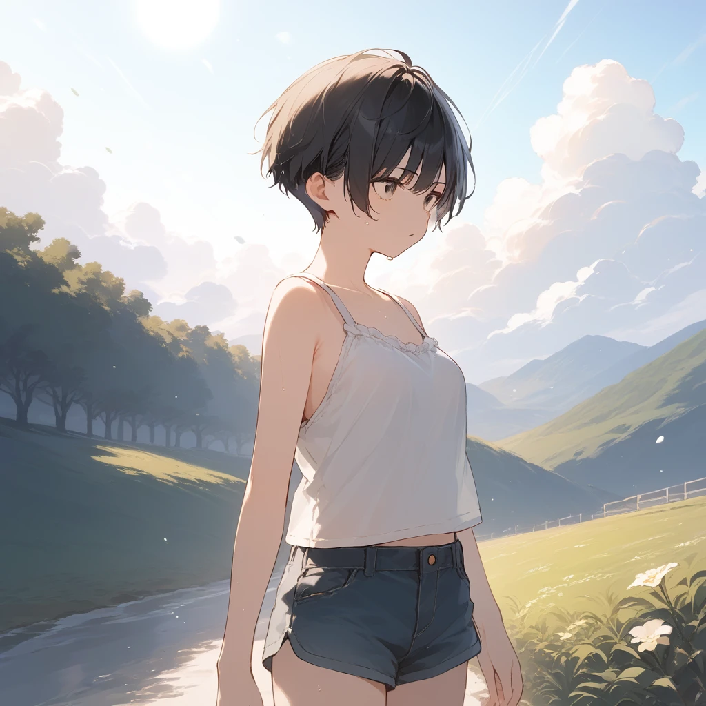 score_9, score_8_up, score_7_up, source_anime, best quality, masterpiece, official art, absurdres, highres, ultra-detailed,waifu2x,Collection: Serious Beauty,break,1girl, tomboy, very short hair, pixie cut, breasts, beautiful detailed eyes, expressionless, blank stare, shorts, sweat, dripping, parted lips, outdoors,meadow, wind, break,(clear line illustration:1.2), super detailed skin,very high resolution, very aesthetic, Best sexual lighting powered by famous artist, 8k, beauty illustration,photoshop_(medium),,(Detailed Lighting),best anime 8k konachan wallpaper, pixiv contest winner,
