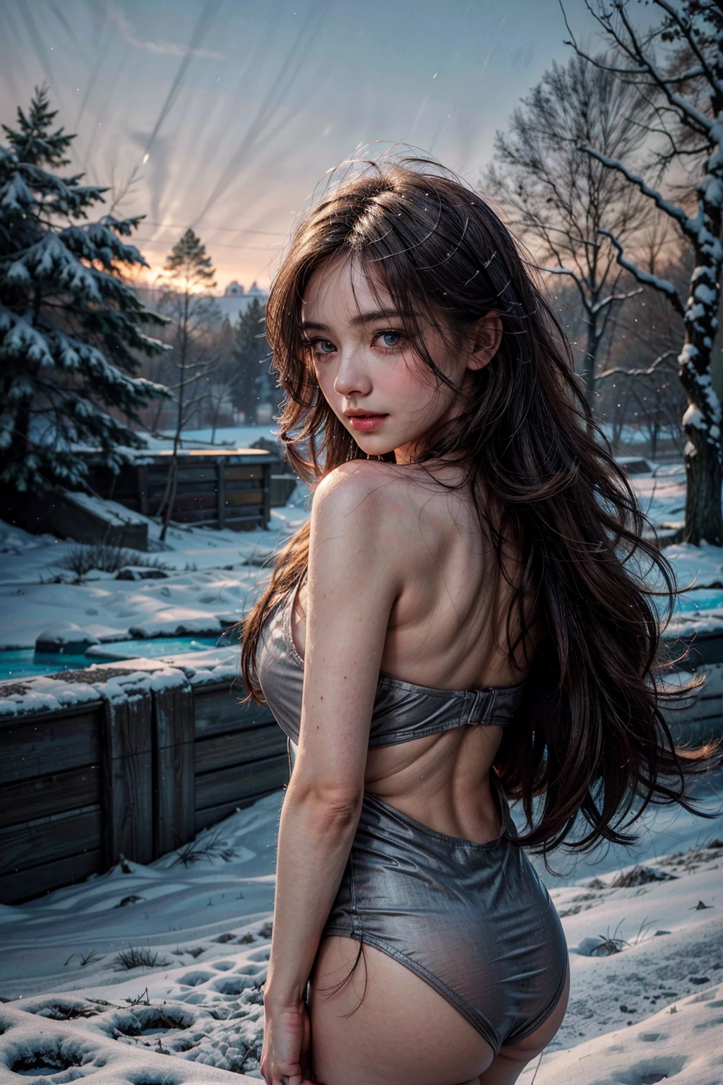 a mature 40s female teacher, beautiful detailed eyes, beautiful detailed lips, extremely detailed face and skin, long hair flowing down shoulders, BLOND HAIR, teasing smile, satin RED panties, looking back coyly, (best quality,4k,8k,highres,masterpiece:1.2),ultra-detailed,(realistic,photorealistic,photo-realistic:1.37),beautiful lighting,dreamy atmosphere,cinematic,high quality portrait,elegant,sensual,provocative a snowy winter landscape in siberia, snow covered pines, frozen lake, beautiful detailed sky, dramatic lighting, highly detailed, (best quality,4k,8k,highres,masterpiece:1.2),ultra-detailed,(realistic,photorealistic,photo-realistic:1.37),stunning scenery, soft lighting, atmospheric, cinematic composition, muted color palette, cold tones