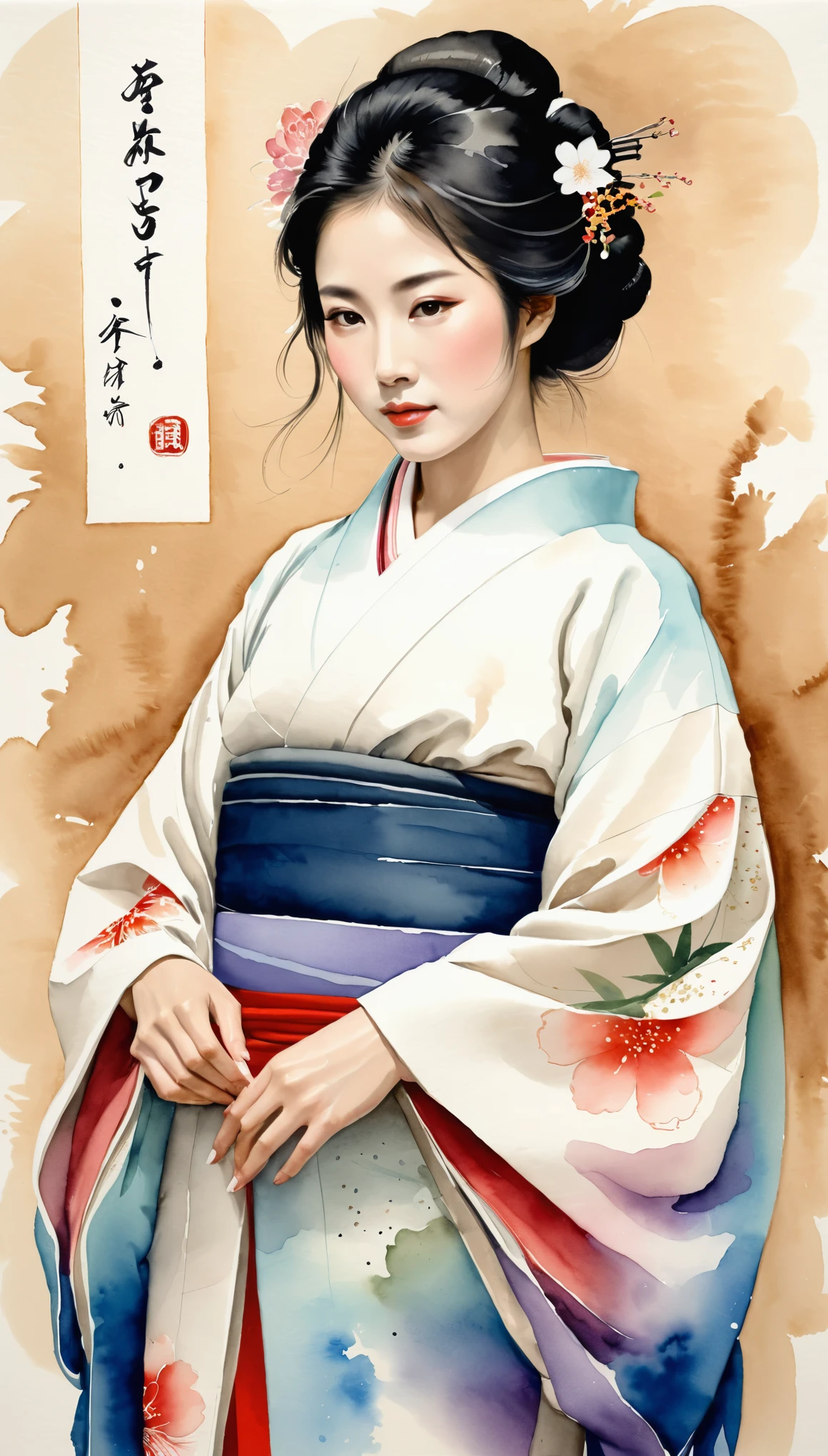 masterpiece,A Japanese ink and water painting of a Japanese woman in a beautiful kimono,(Beautiful gradation created by layering),(Tarashikomi technique),Cloud muscle hemp paper