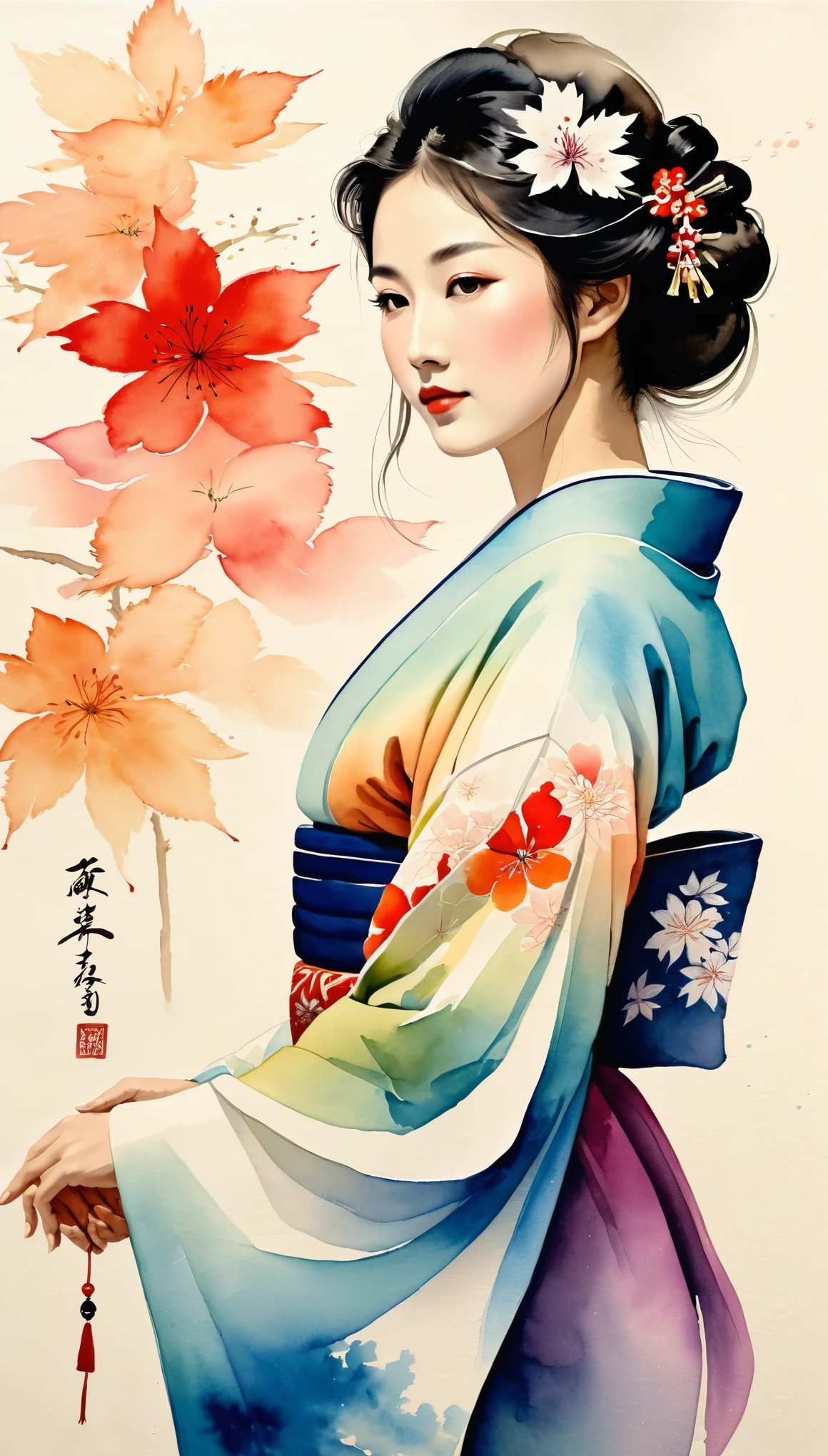 masterpiece,A Japanese ink and water painting of a Japanese woman in a beautiful kimono,(Beautiful gradation created by layering),(Tarashikomi technique),Cloud muscle hemp paper