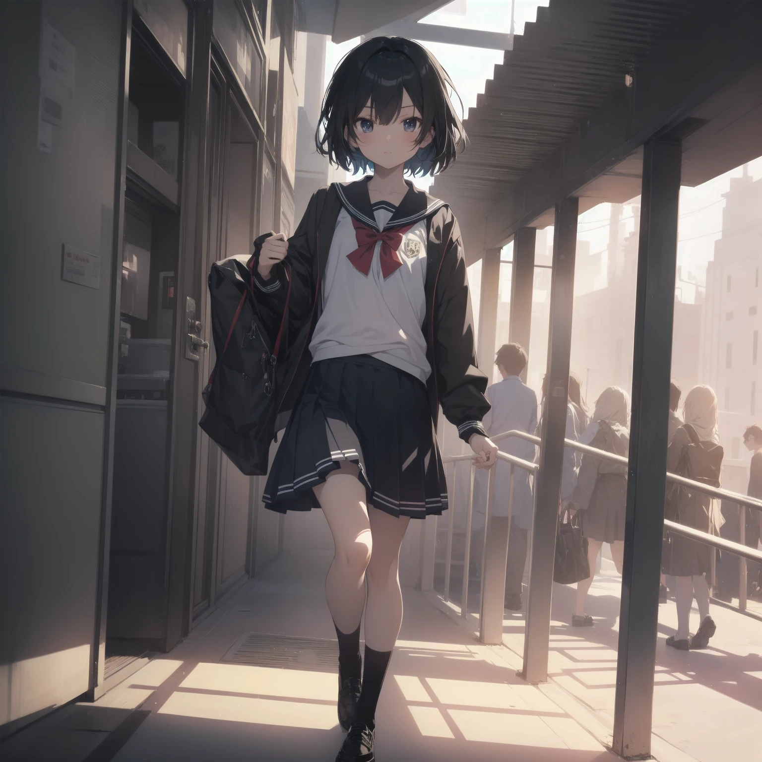 ultra-absurdres-Top quality by artist God, ultra-detailed, high resolution, anime moe artstyle, best anime 8k konachan wallpaper, pixiv contest winner, pool:2810, perfect anatomy,break, 1girl, (Please draw a girl walking sleepily to school alone. )break,(Solo,little female, 13-year-old:1.3),Full limbs, complete fingers,a junior high school student, (very short hair), short cut, flat chest, , small butt, small black eyes, beautiful detailed eyes, well-proportioned iris and pupils, expressive eyes, highres detailed hair, soft expression, salor school_uniform, sailor collar, serahuku, bow, pleated skirt,(Detailed Lighting), (Detailed background), in the School commute route. break,super detailed skin, Best cinematic lighting powered by famous artist, 8k,beauty illustration,photoshop_(medium),very aesthetic,break,((artist:zen_(kamuro) )), artist:clamp ,artist:carnelian ,artist:kantoku ,