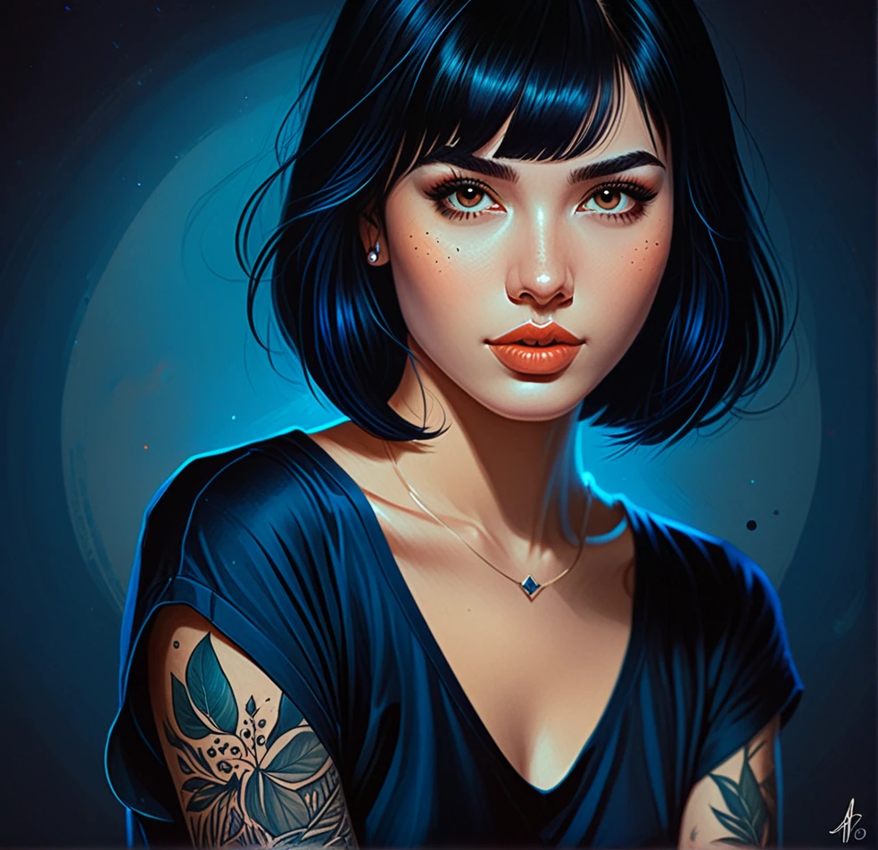 a 22yo woman with black hair, in the style of charlie bowater, dark blue and dark black,realistic color palette, soft-focused realism,black hair, very short hair, blunt bangs, tattoo 