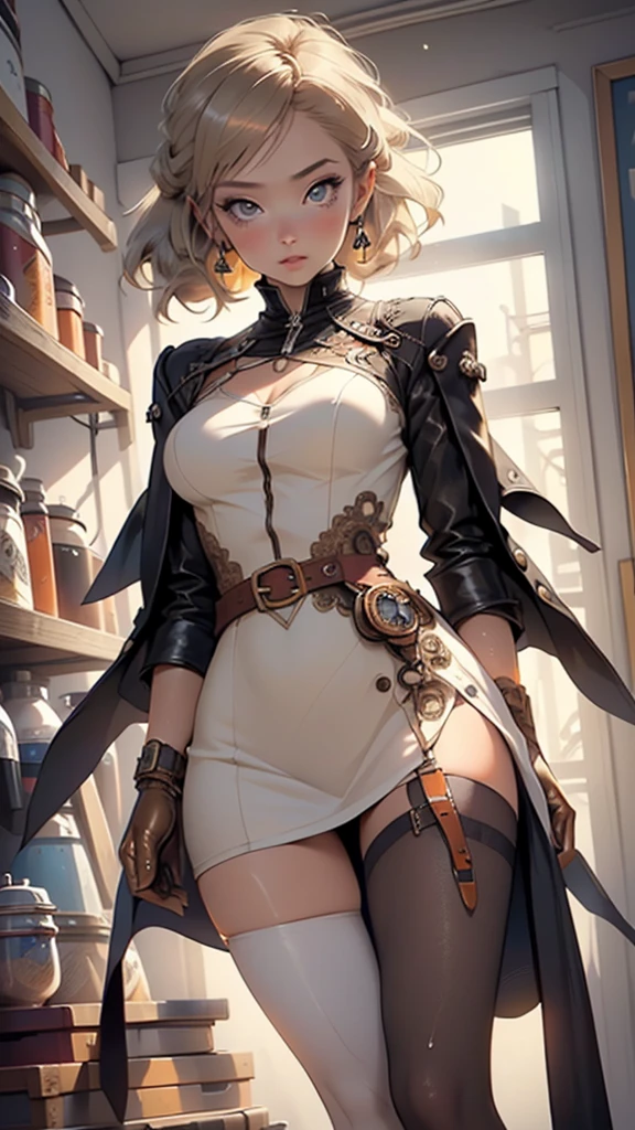 ((((Marie Curie)))),steampunk girl,(((1girl))),((beautiful girl with steampunk dress)),young girl,
(large breasts:1.4),saggy breasts,(((dark hair, usually collected in a simple and practical hairstyle, typical of the fashion of the time))),(((brown_orange:1.3))),intricate eyes,beautiful detailed eyes,symmetrical eyes,(((lustrous skin:1.5,bright skin: 1.5,skin tanned,shiny skin,very shiny skin,shiny body,plastic glitter skin,exaggerated shiny skin,illuminated skin,wet legs))),(spider lower abdomen,narrow waist,wide hip,athletic body,inflated legs, thick thighs,detailed body,(detailed face)),
cute,slutty,seductive,erotic,(nsfw),
She is dressed in a gray double-breasted overcoat with six clasps,modest and functional clothing, consistent with your focus on scientific research,
(clothing from the early 20th century),(steampunk clothes);black leather gloves,((intricate outfit,intricate clothes,steampunk dress)),
(dynamic pose:1.0),solo focus,embarrassed,(centered,scale to fit dimensions,Rule of thirds),
inside,indoor,((cozy steampunk room)),scenery:1.25,((intricate scenery)),((steampunk decorations)),
(Glossy steampunk ornaments),highres,sharp focus,(ultra detailed,extremely detailed),(photorealistic artwork:1.37),(extremely detailed CG unity 8k wallpaper),(((vibrant colors,vibrant theme))),(intricate),(masterpiece),(best quality),artistic photography,(photography taken by sldr),(intricate background),perfect rendered face,perfect face details,realistic face,photo realistic,((intricate detail)),(((realism))),