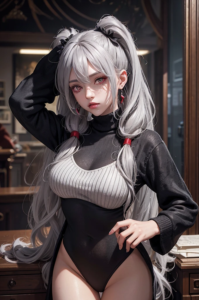 (masterpiece), (best quality), (ultra-detailed), Skalter, grey hair, red eyes, low twintails, low-tied long hair BREAK, illustration, disheveled hair, detailed eyes, perfect composition, moist skin, intricate details, earrings, Volumetric Lighting, Skalter, grey hair, red eyes, low twintails, low-tied long hair BREAK, light depth, dramatic atmospheric lighting, Volumetric Lighting, turtleneck, turtleneck sweater, backless sweater, sleeveless, bottomless, indoor, thighs, black sweater, standing, apartment