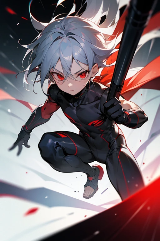 A boy around 7 years old with silver hair and red eyes, Shota, Cyborg, Shy face