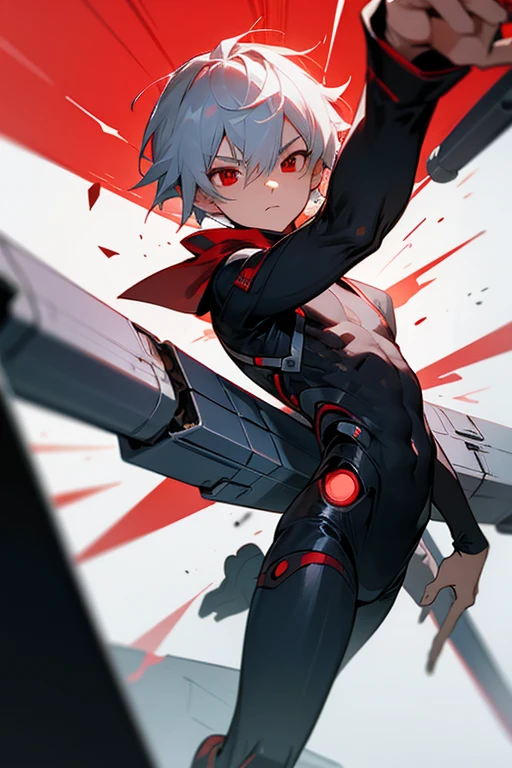 A boy around 7 years old with silver hair and red eyes, Shota, Cyborg, Shy face