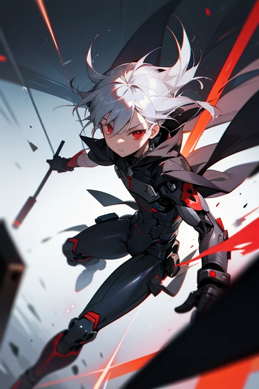 A boy around 7 years old with silver hair and red eyes, Shota, Cyborg, Shy face