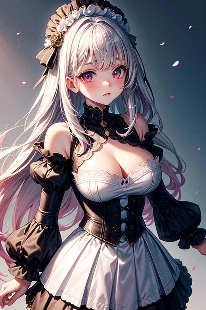 highest quality, ultra high resolution, super detailed, gorgeous, masterpiece, best quality, high resolution finely detailed, extremely beautiful, distinct image, frilly off-shoulder blouse, pleated skirt, 1 girl, 21 years old, soft and cute facial features, oval shaped face, heterochromia(left eye: red)(right eye: silver), innocent eyes, E-cup breasts, short height(160cm), slim thick body, flowing pink hair with white highlights, narrow waist, modern times background, lightly tanned alabaster skin, hip-level shot