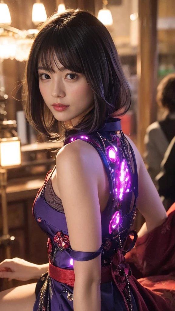 Highest quality, masterpiece, Ultra-high resolution, (Real: 1.4), Original photo, 1 girl, Black Hair, Glowing Skin, 1. Mechanical Girl, (超Real细节)), Portraiture, Global Illumination, Shadow, Octane Rendering, 8k,16K， Ultra Sharp, not a big deal, Bare skin is revealed through the cleavage, Metal, Intricate decorative details, More about Japan, Very intricate details, Real光线, CG Trends, Purple eyes, Glowing Eyes, Facecamea, Neon Details, Mechanical Limbs, Blood vessels connected to tubes, Mechanical vertebrae attached to the back, Mechanical fixation of the cervical spine, Sitting, Wires and cables connected to the head, Gundam, Small LED Light,