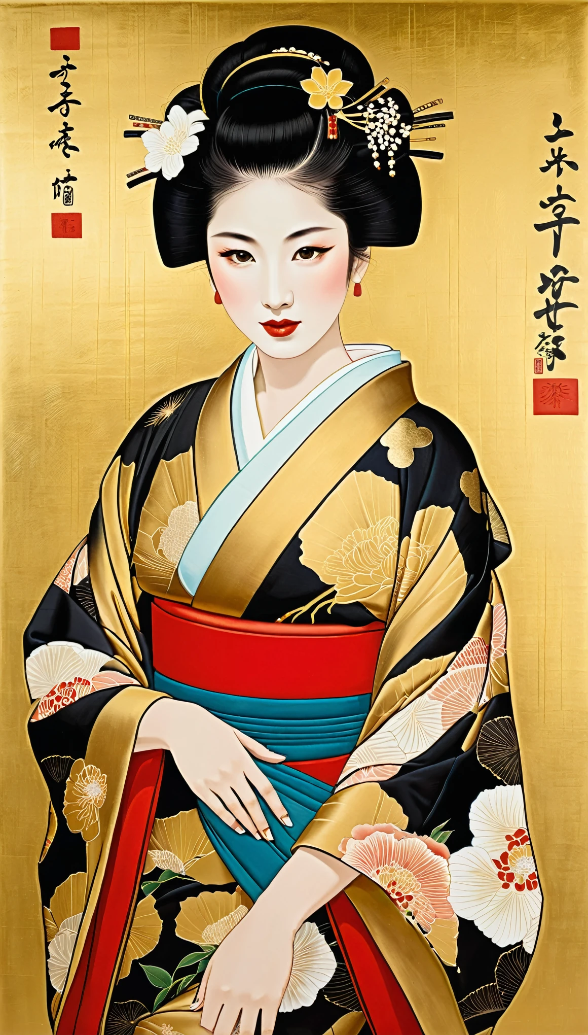 masterpiece,A Japanese ink and gold painting of a Japanese woman in a beautiful kimono,(Tarashikomi technique)