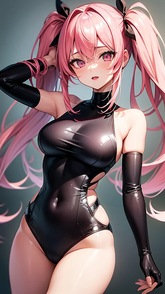 (Highest quality,High resolution,Very detailed,girl),Pink Hair,height: 160cm,cute,Pink Eyes,Twin tails,Big Breasts,She wears a black swimsuit,Her eyes are white and shining,Has bright white eyes,I'Look at this,He has an embarrassed look on his face.,