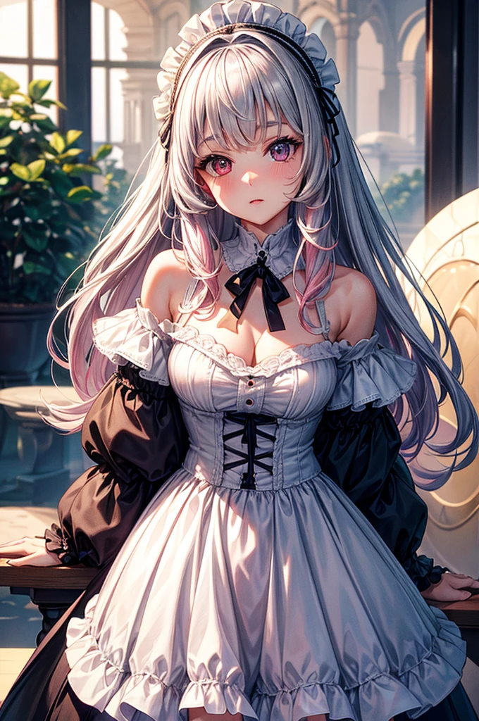 highest quality, ultra high resolution, super detailed, gorgeous, masterpiece, best quality, high resolution finely detailed, extremely beautiful, distinct image, frilly off-shoulder blouse, pleated skirt, 1 girl, 21 years old, soft and cute facial features, oval shaped face, heterochromia(left eye: red)(right eye: silver), innocent eyes, E-cup breasts, short height(160cm), slim thick body, flowing pink hair with white highlights, narrow waist, modern times background, lightly tanned alabaster skin, hip-level shot