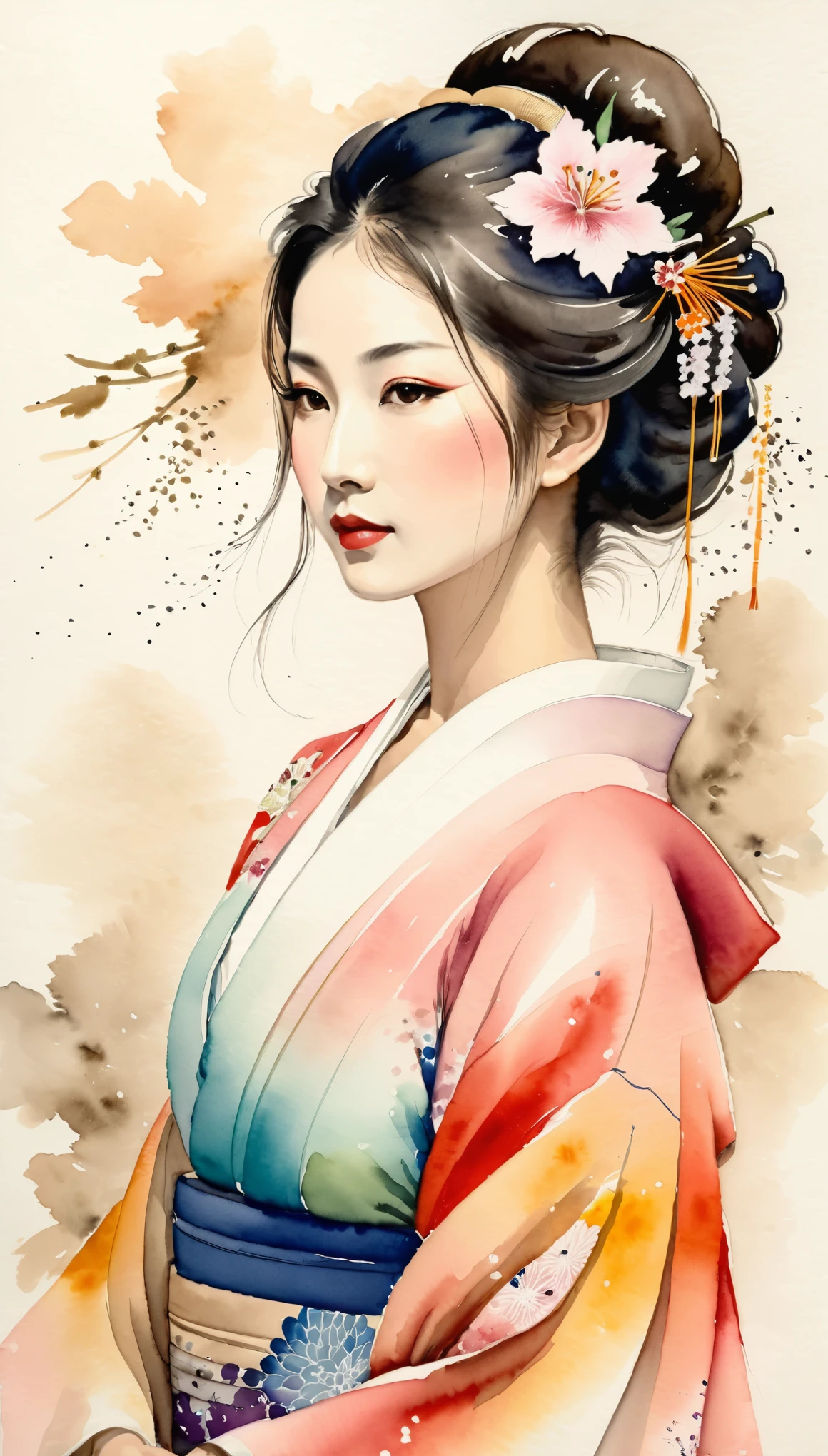 masterpiece,A Japanese ink and water painting of a Japanese woman in a beautiful kimono,(Beautiful gradation created by layering),(Tarashikomi technique)
