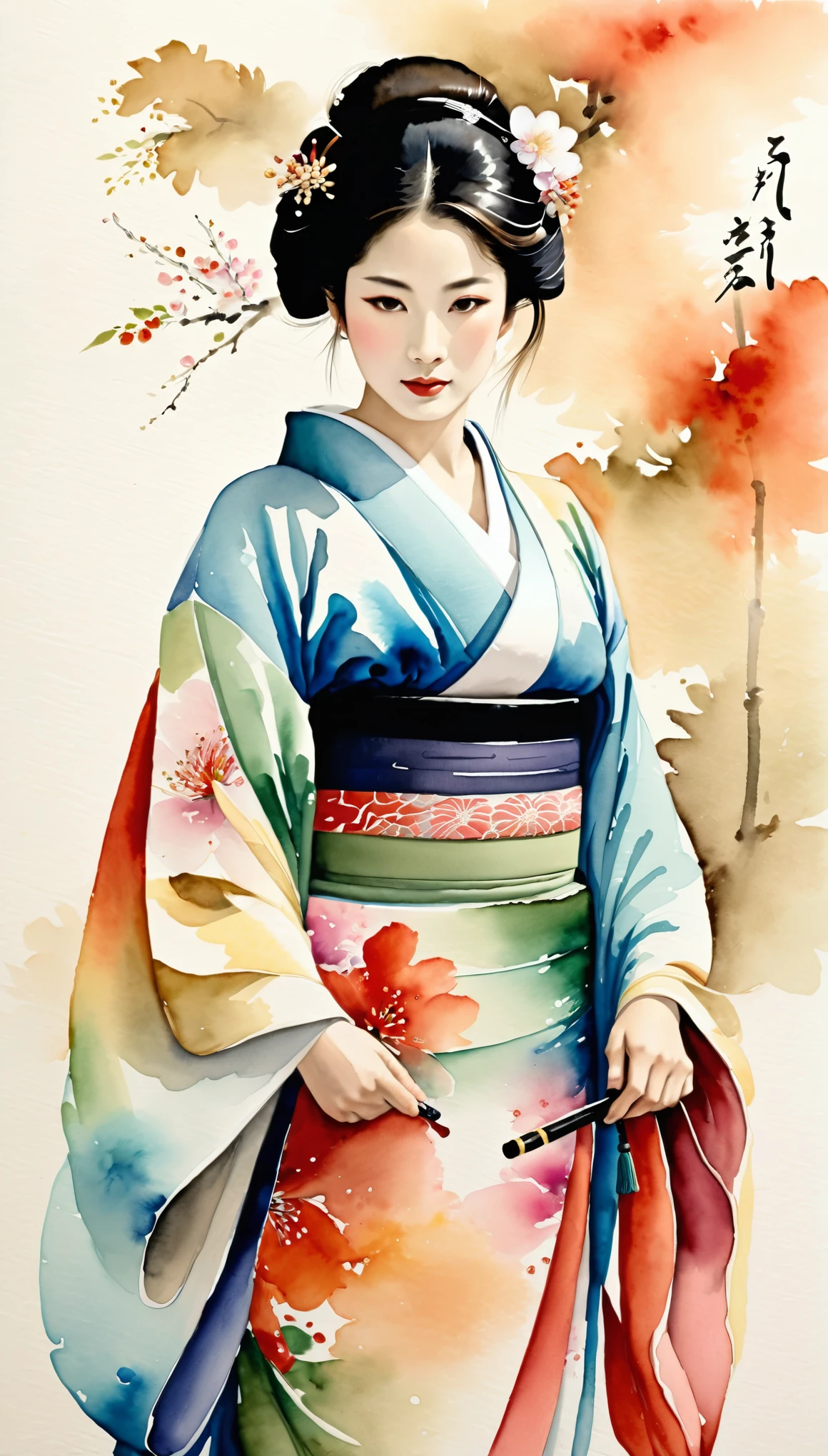 masterpiece,A Japanese ink and water painting of a Japanese woman in a beautiful kimono,(Beautiful gradation created by layering),(Tarashikomi technique)