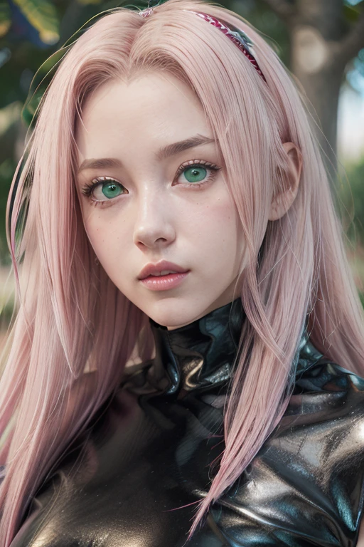 young woman, long pink hair, wide forehead, porcelain skin, pink eyebrows, big emerald green eyes, buttoned nose, thick lips, heart-shaped face, slender body, small breasts, pink leather dress, Sakura Haruno, realistic, realism black details 3d
