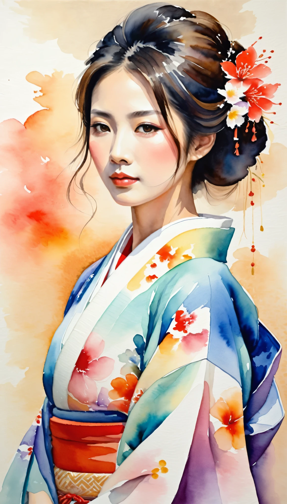 masterpiece,Acrylic watercolor painting of a Japanese woman in a beautiful kimono,(Beautiful gradation created by layering),(Tarashikomi technique),(Beautiful expression using blurring)