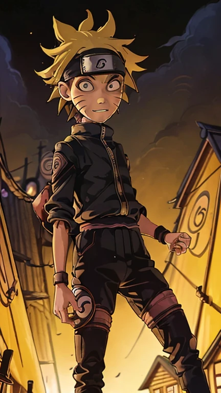 best quality,masterpiece,1boy,solo,(((ars old)japanese boy,an extremely cute and handsome boy,highly detailed beautiful face and eyes,petit,cute face,lovely face,baby face,shy smile,show teeth, yellow hair,short hair,flat chest,skinny,slender,(((wearing a uzumaki naruto)),(((standing in Dark Midnight gothic Konoha Village))),she is looking at the viewer,TimBurton Animation style,upper body close up 