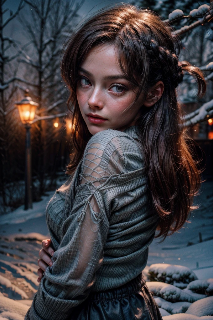 a mature 40s female teacher, beautiful detailed eyes, beautiful detailed lips, extremely detailed face and skin, long hair flowing down shoulders, BLOND HAIR, teasing smile, satin RED panties, looking back coyly, (best quality,4k,8k,highres,masterpiece:1.2),ultra-detailed,(realistic,photorealistic,photo-realistic:1.37),beautiful lighting,dreamy atmosphere,cinematic,high quality portrait,elegant,sensual,provocative a snowy winter landscape in siberia, snow covered pines, frozen lake, beautiful detailed sky, dramatic lighting, highly detailed, (best quality,4k,8k,highres,masterpiece:1.2),ultra-detailed,(realistic,photorealistic,photo-realistic:1.37),stunning scenery, soft lighting, atmospheric, cinematic composition, muted color palette, cold tones