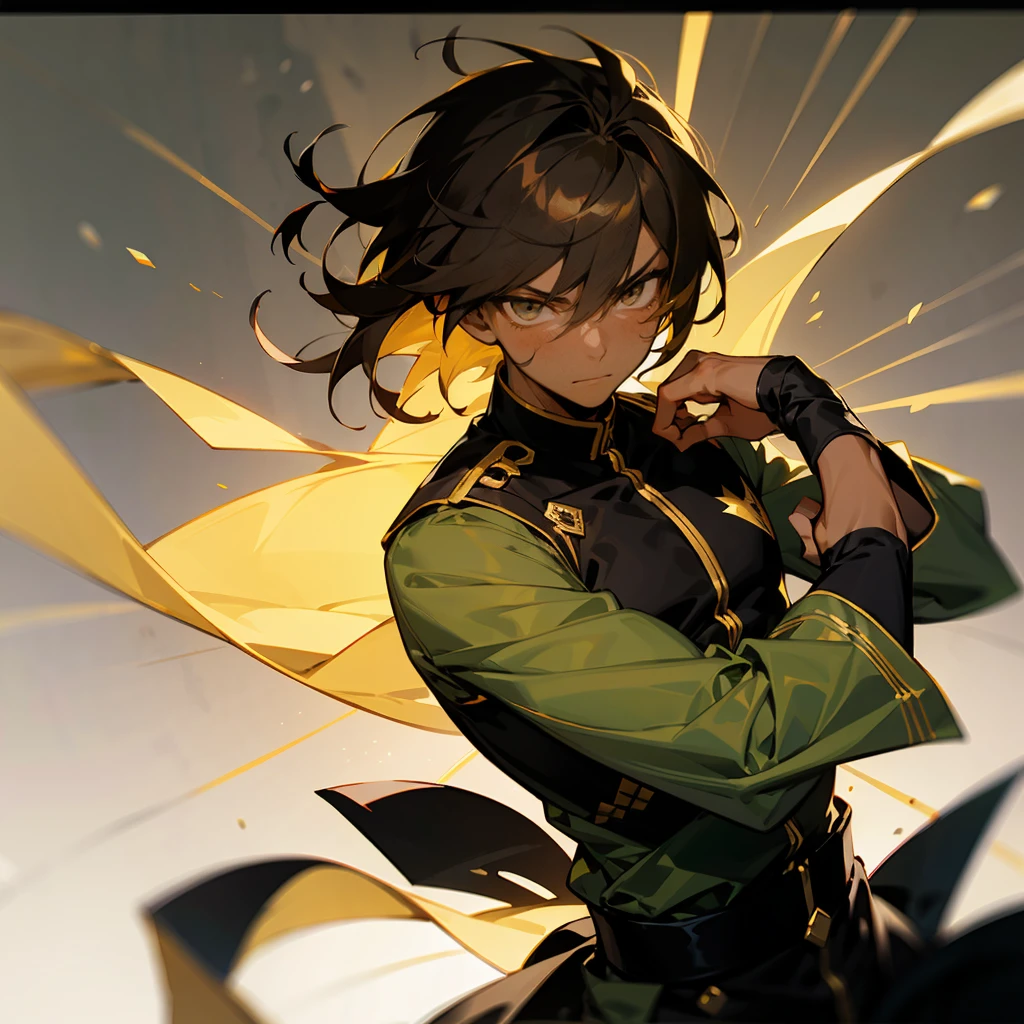 1male , Calm Expression , Ombre Hair ,Black Hair , Gold Highlighted Hair , Fitted white Long-sleeve shirt , Combat clothing , Dark Skin , Young Male , Facing Viewer