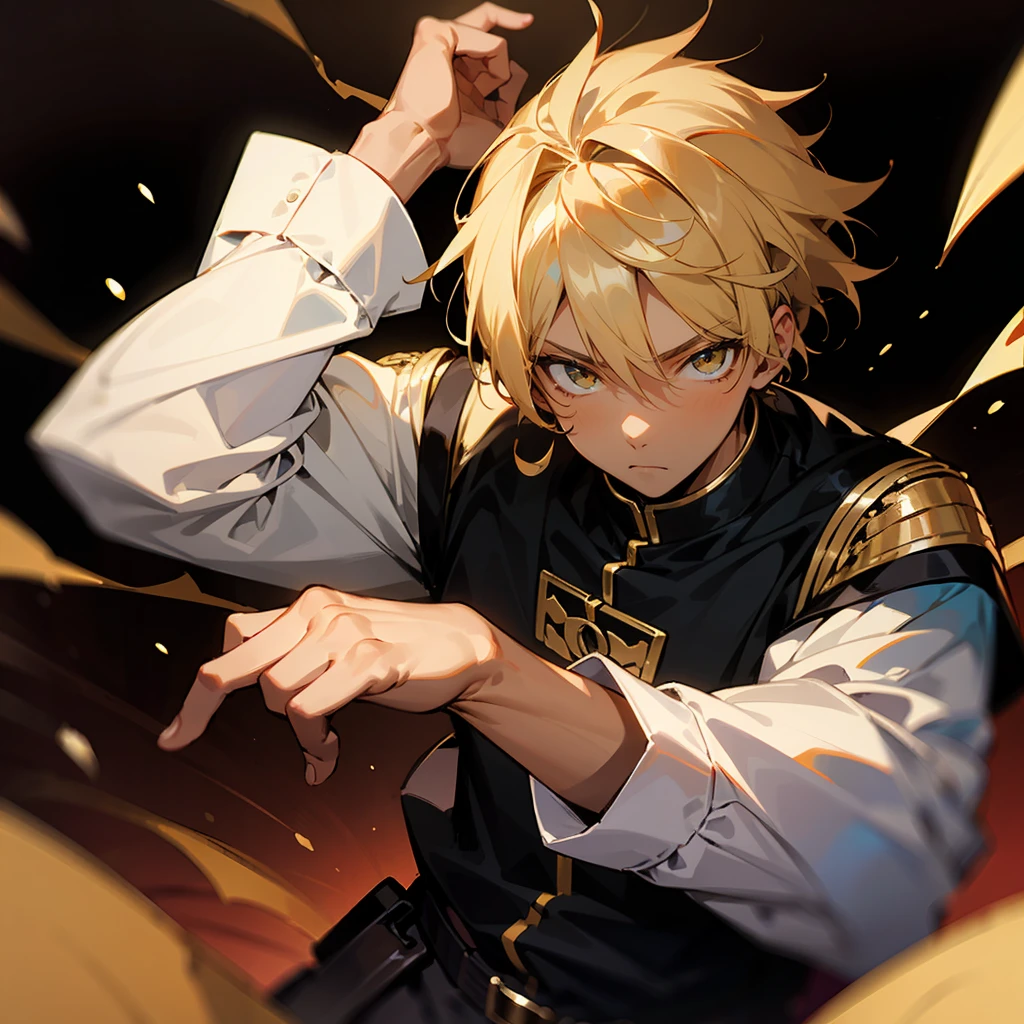 1male , Calm Expression , Ombre Hair ,Black Hair , Gold Highlighted Hair , Fitted white Long-sleeve shirt , Combat clothing , Dark Skin , Young Male , Facing Viewer