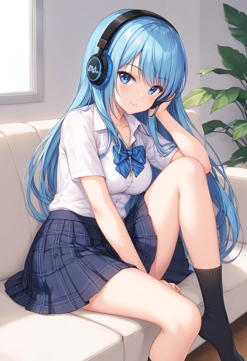 Girl long blue hair, blue eyes, Skirt, socks, with only 1 pair of headphones, sitting on a sofa posing in a sexy way