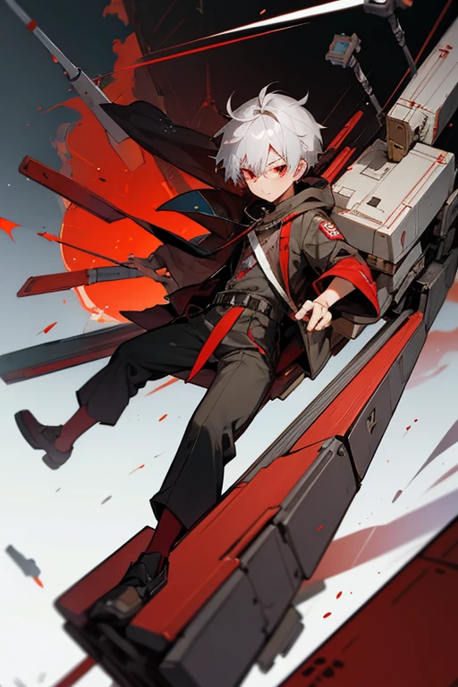 A boy around 7 years old with silver hair and red eyes, Shota, Cyborg, Shy face