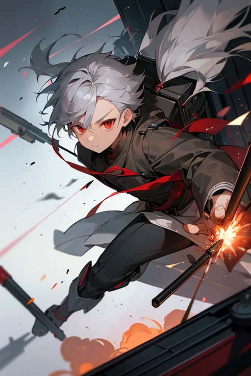 A boy around 7 years old with silver hair and red eyes, Shota, Cyborg, Shy face