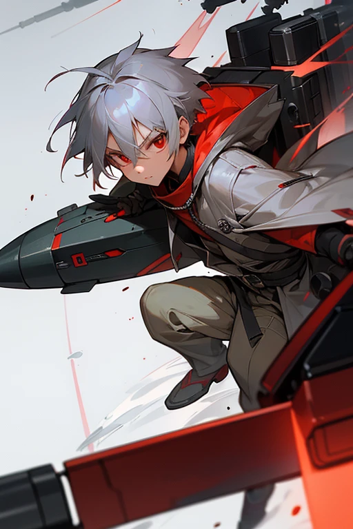 A boy around 7 years old with silver hair and red eyes, Shota, Cyborg, Shy face