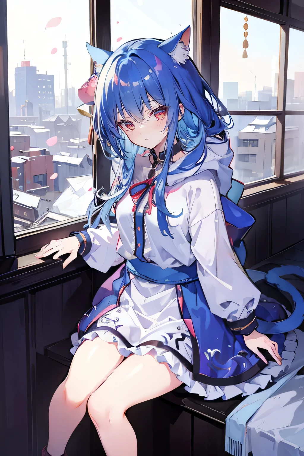 （masterpiece：1.2），Super detailed，lifelike，Expressive eyes，fair skin，perfect face shape，1 girl，
Japanese comics,Gorgeous blue hair,flowing blue hair,flowing clothes,Cat ears,Petals fall,beautiful lola,Baby Angel,
Shaking head with one hand，Cross your legs，smile, wearing hoodie, ,back views,snowing, winter，City Street Scene，winter。sitting on window， looking out the window。