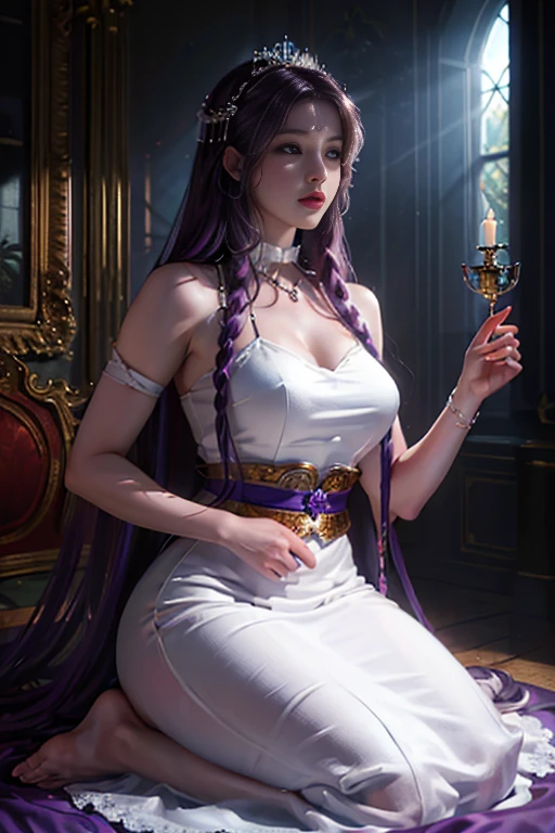 ((masterpiece, Extremely realistic, photo-realism, Extremely precise in every detail, best quality, best shadow, realistic lighting, beautiful detailed glow)), a woman, ************, straight long purple hair, wearing long white evening-dress with decorated sash, she is praying