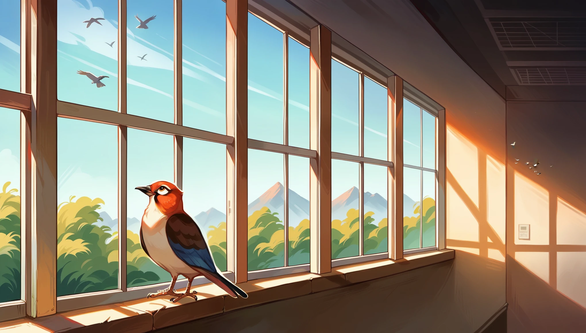 A bird is perched on the window sill, Watching birds, hyperrealistic sparrows, Near the window window, Looks like a bird, The bird is wearing a bow tie, 窓のLooking Outside, Look in the window, museum quality photo, Looking Outside, 窓のLooking Outside, Trying to escape, Photos taken in 2020