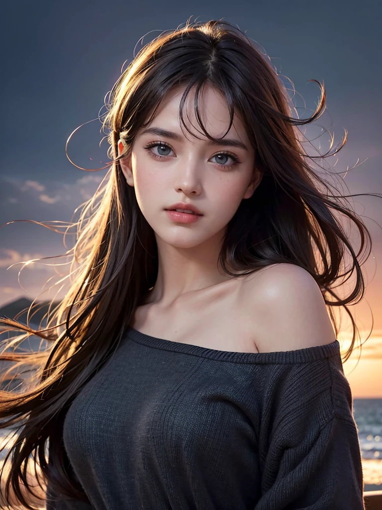 best qualityer, Masterpiece artwork, ultra-high resolution, (photorrealistic: 1,4), raw photo, 1 girl, very eye-catching, piercing and mysterious eyes, (slight smile on your face), beautiful and perfect face, girly face, princess faces, hair blown by the wind, shoulder to shoulder, in dark, deep shadow, discreet tone, cool light