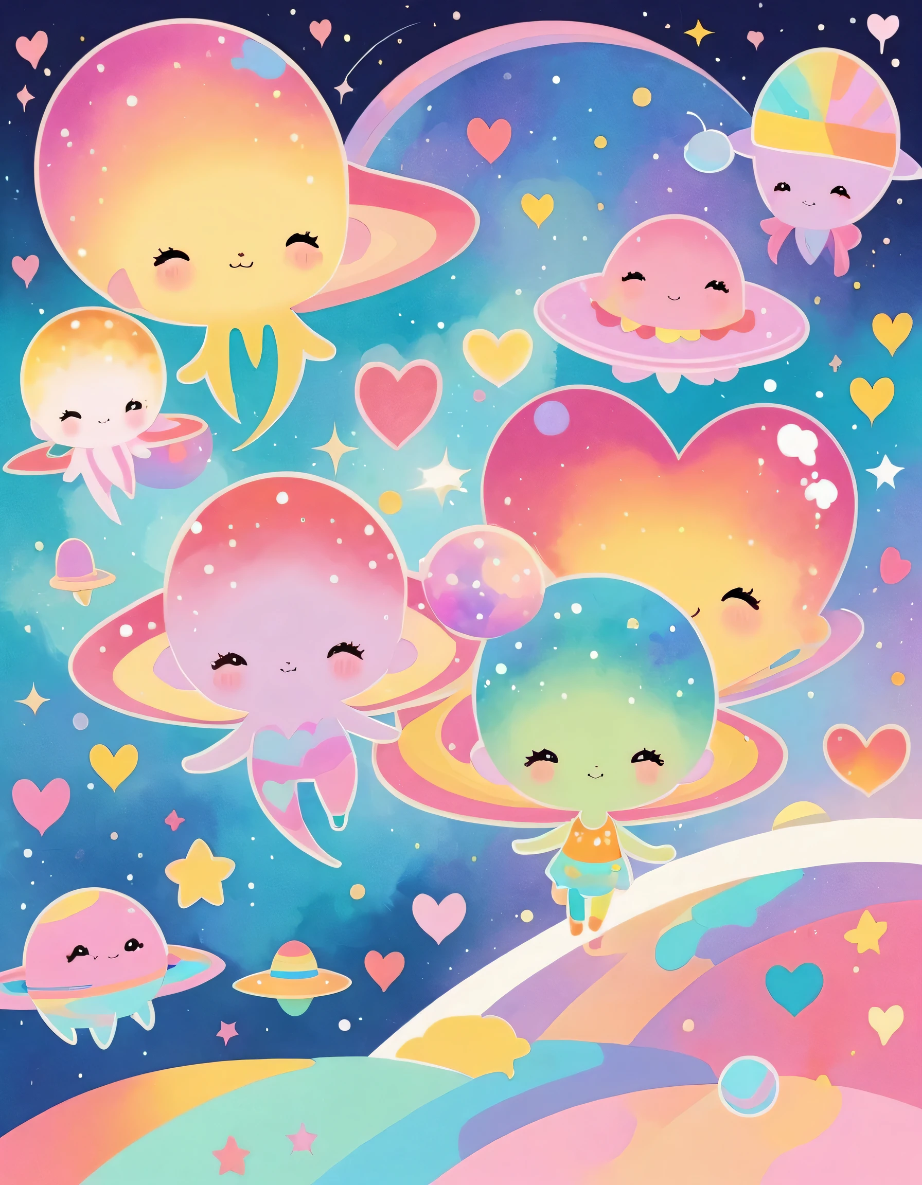 Momoko Sakura colorfull style, Simple Line Initialism,Abstract art,colorful hearts, kawaii design, (((Dream World))), Cute summer clothes, (((Cute Aliens))), The background is space