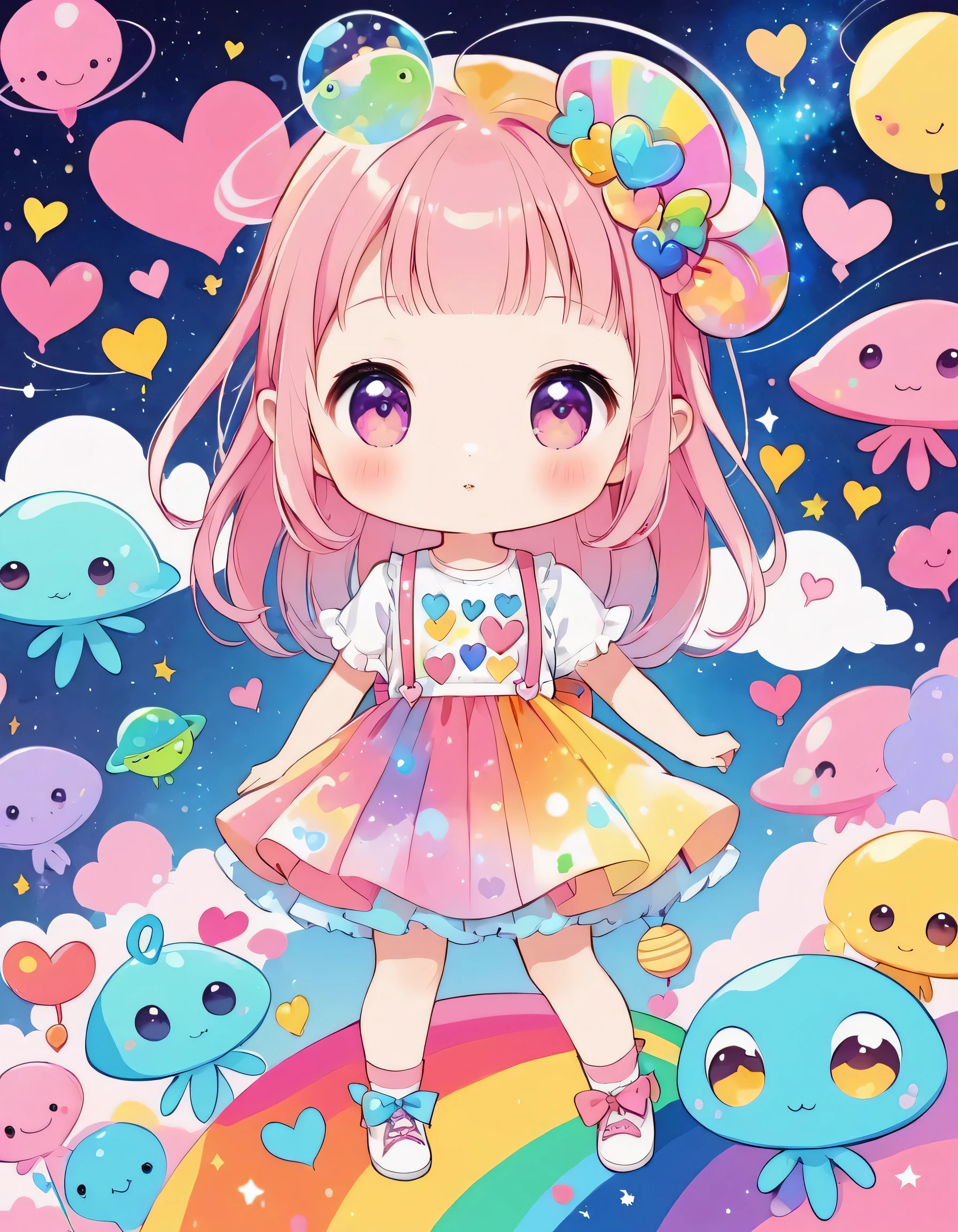Momoko Sakura colorfull style, Simple Line Initialism,Abstract art,colorful hearts, kawaii design, (((Dream World))), Cute summer clothes, (((Cute Aliens))), The background is space