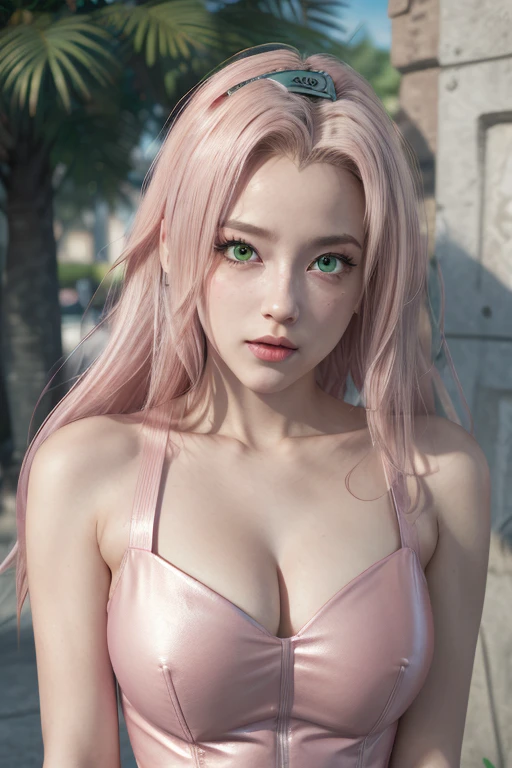 young woman, long pink hair, wide forehead, porcelain skin, pink eyebrows, big emerald green eyes, buttoned nose, thick lips, heart-shaped face, slender body, small breasts, pink leather dress, Sakura Haruno, realistic, realism black details 3d