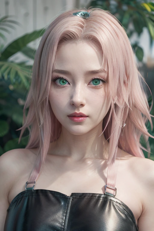 young woman, long pink hair, wide forehead, porcelain skin, pink eyebrows, big emerald green eyes, buttoned nose, thick lips, heart-shaped face, slender body, small breasts, pink leather dress, Sakura Haruno, realistic, realism black details 3d
