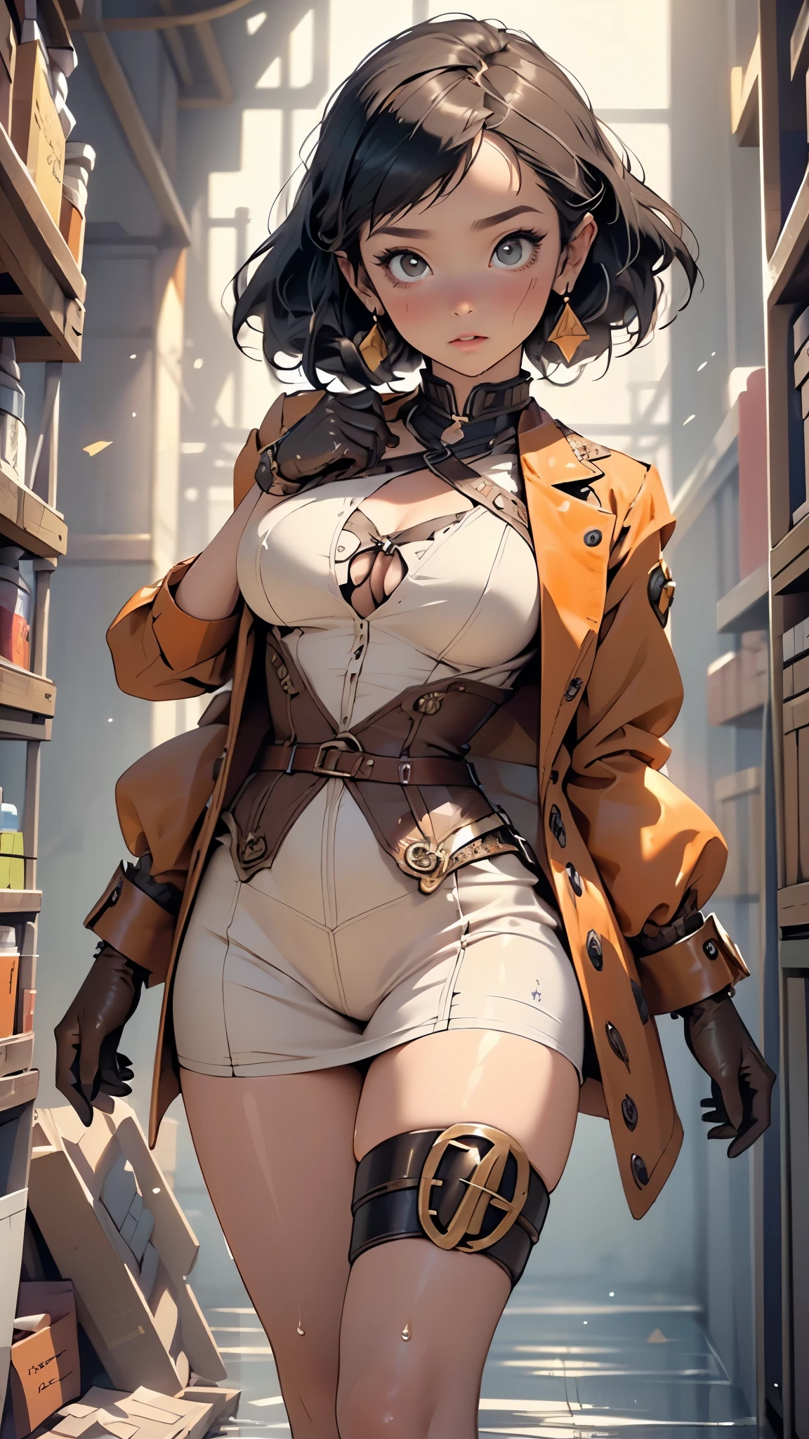 ((((Marie Curie)))),steampunk girl,(((1girl))),((beautiful girl with steampunk dress)),young girl,

(large breasts:1.4),saggy breasts,(((dark hair, usually collected in a simple and practical hairstyle, typical of the fashion of the time))),(((brown_orange:1.3))),intricate eyes,beautiful detailed eyes,symmetrical eyes,(((lustrous skin:1.5,bright skin: 1.5,skin tanned,shiny skin,very shiny skin,shiny body,plastic glitter skin,exaggerated shiny skin,illuminated skin,wet legs))),(spider lower abdomen,narrow waist,wide hip,athletic body,inflated legs, thick thighs,detailed body,(detailed face)),
cute,slutty,seductive,erotic,(nsfw),

She is dressed in a gray double-breasted overcoat with six clasps,modest and functional clothing, consistent with your focus on scientific research,
(clothing from the early 20th century),(steampunk clothes);black leather gloves,((intricate outfit,intricate clothes,steampunk dress)),

(dynamic pose:1.0),solo focus,embarrassed,(centered,scale to fit dimensions,Rule of thirds),

inside,indoor,((cozy steampunk room)),scenery:1.25,((intricate scenery)),((steampunk decorations)),

(Glossy steampunk ornaments),highres,sharp focus,(ultra detailed,extremely detailed),(photorealistic artwork:1.37),(extremely detailed CG unity 8k wallpaper),(((vibrant colors,vibrant theme))),(intricate),(masterpiece),(best quality),artistic photography,(photography taken by sldr),(intricate background),perfect rendered face,perfect face details,realistic face,photo realistic,((intricate detail)),(((realism))),