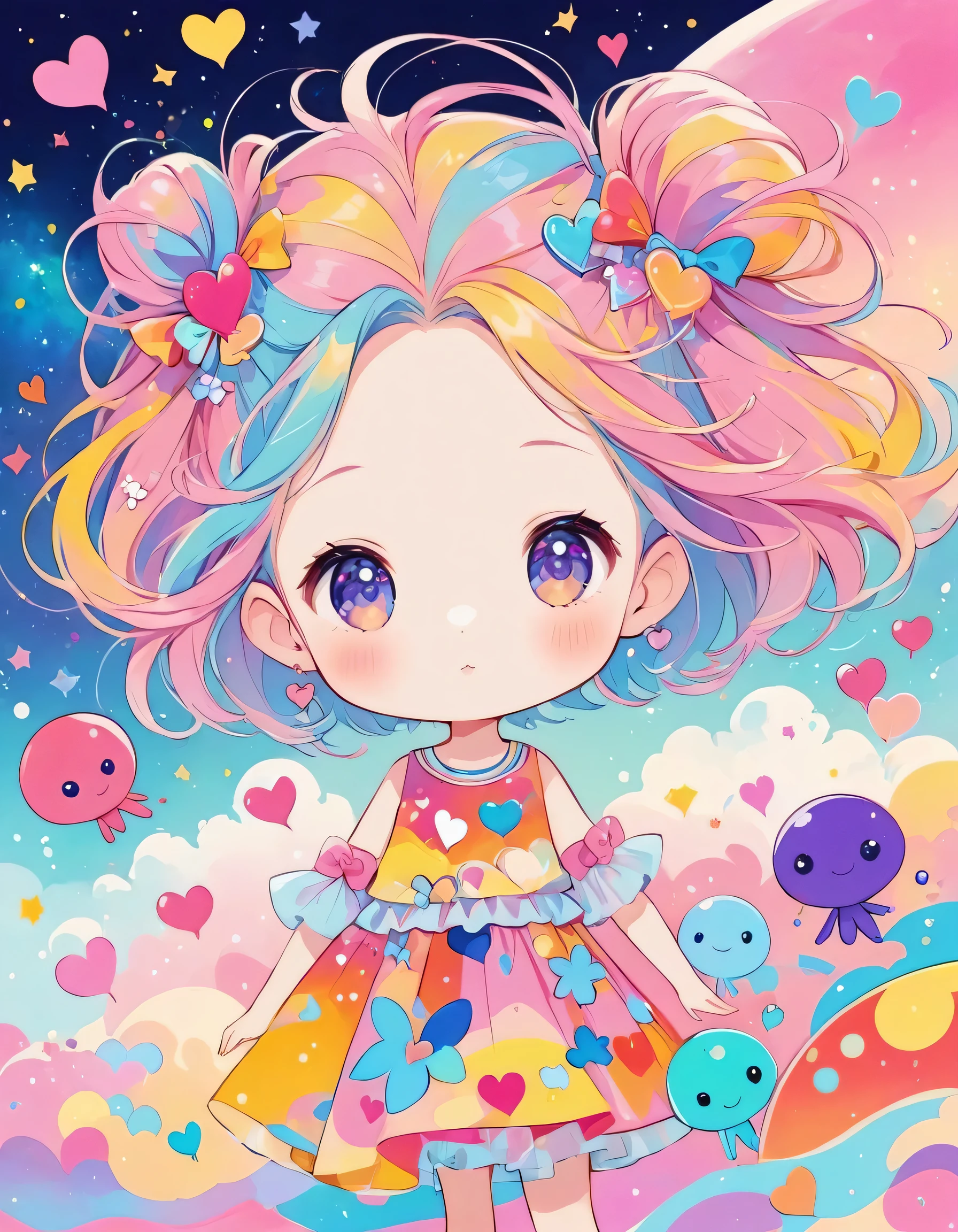 Momoko Sakura colorfull style, Simple Line Initialism,Abstract art,colorful hearts, kawaii design, (((Dream World))), Cute summer clothes, (((Cute Aliens))), The background is space