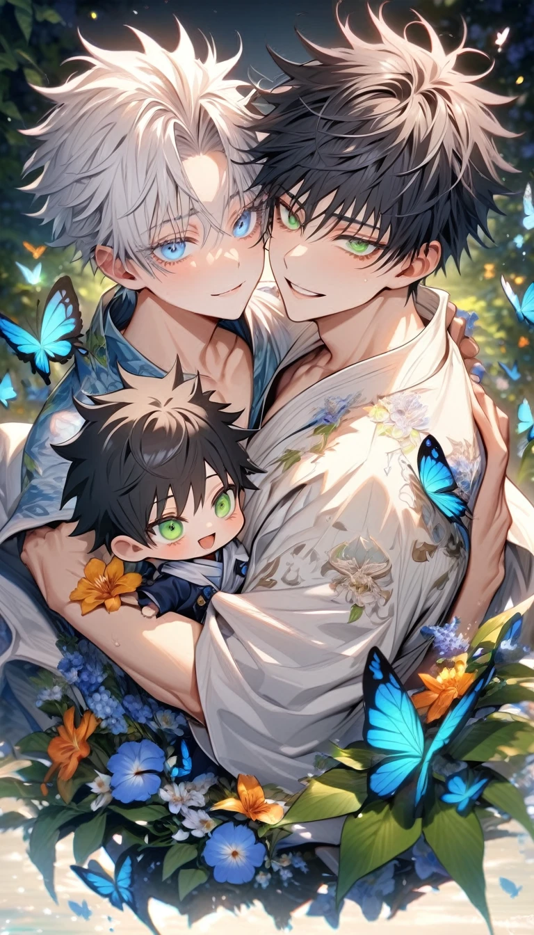 Ultra detailed, HDR, Highres, absurdres, master piece, Gojou Satoru as a chibi, white hair with bangs, expressive blue eyes, white eyelashes, Fushiguro Megumi as a chibi, black hair, expressive green eyes, white haori, light blue kimono, Jujutsu Kaisen, flowers, butterflies, fantasy, magical, green leaves, summer, two boys together, gay couple, yaoi, cute, smiling, two male,