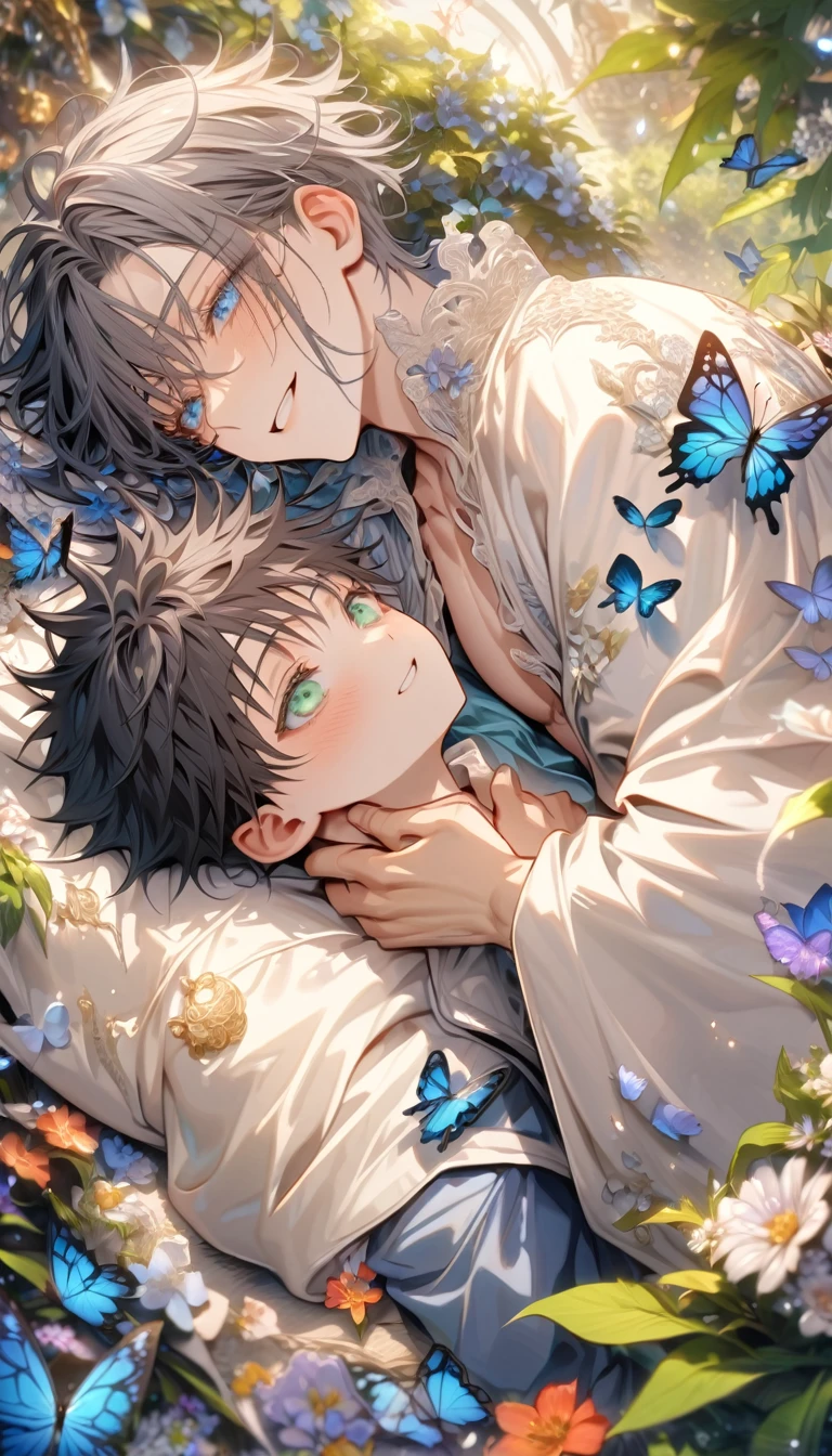 Ultra detailed, HDR, Highres, absurdres, master piece, Gojou Satoru as a chibi, white hair with bangs, expressive blue eyes, white eyelashes, Fushiguro Megumi as a chibi, black hair, expressive green eyes, white haori, light blue kimono, Jujutsu Kaisen, flowers, butterflies, fantasy, magical, green leaves, summer, two boys together, gay couple, yaoi, cute, smiling, two male,