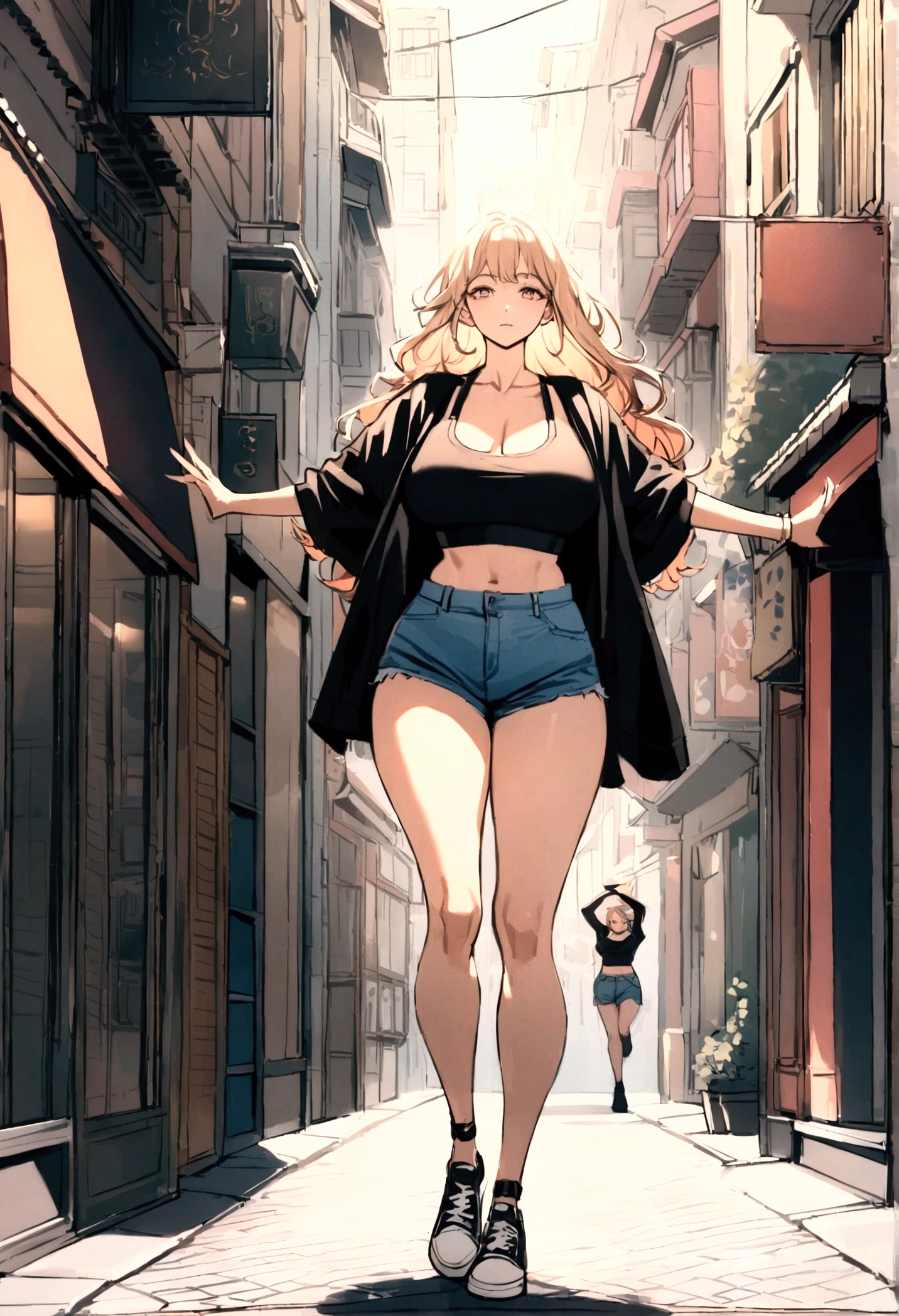 Arafed woman in black shirt and denim shorts walking on a street, chica sexy wearing shorts, streetwear bra and shorts, thick legs, dressed in a top and shorts, good hips and long legs, wearing a sexy crop top, chica sexy, pretty face with arms and legs, Short and robust woman, posing on an urban street, on a city street, pose casual