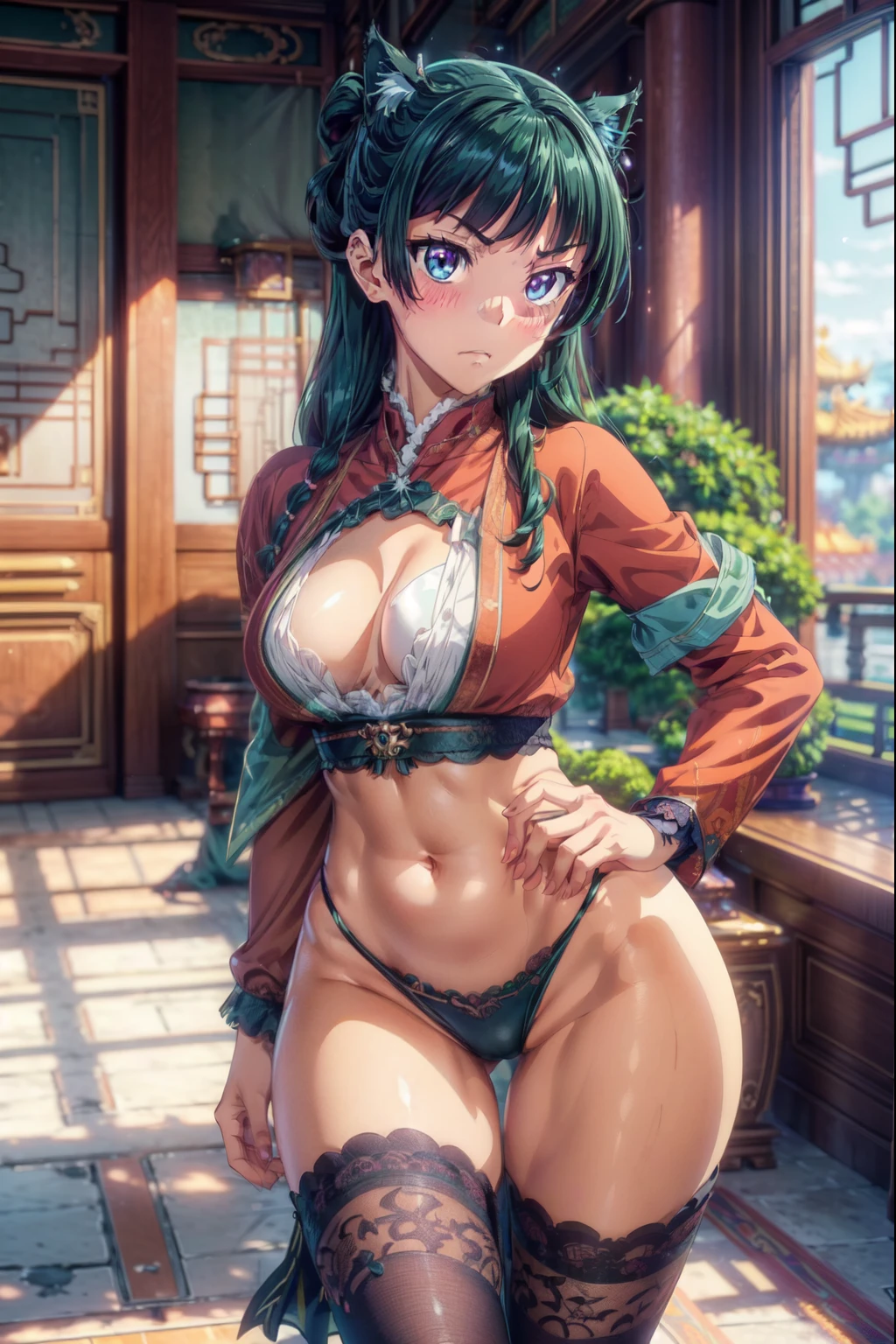 (Masterpiece, High Quality, Top quality, High-Detailed, Detailed CG, Cinematic Shadow, Cinematic Scene, Beautiful Detailed Eyes, Ultra Resolution, Depth of Field, High Resolution, Masterpiece: 1.2), Anime art style, Very detailed, Dynamic Angle, Style, Detailed Green Hair, Detailed Blue Eyes, Slim Body, Cat Ear, Sparkling Eyes, Hair Accessory, Earrings, Slightly Blunt Bangs, Looking at the Audience, (Blush Expression:1.2), (Angry Expression:1.2), (Dark Green Hair), Purple Eye, Five Fingers, Good Composition, Arms, Thighs, Medium Breasts, Medium Size Breasts, Blur Background, Chinese Architectures