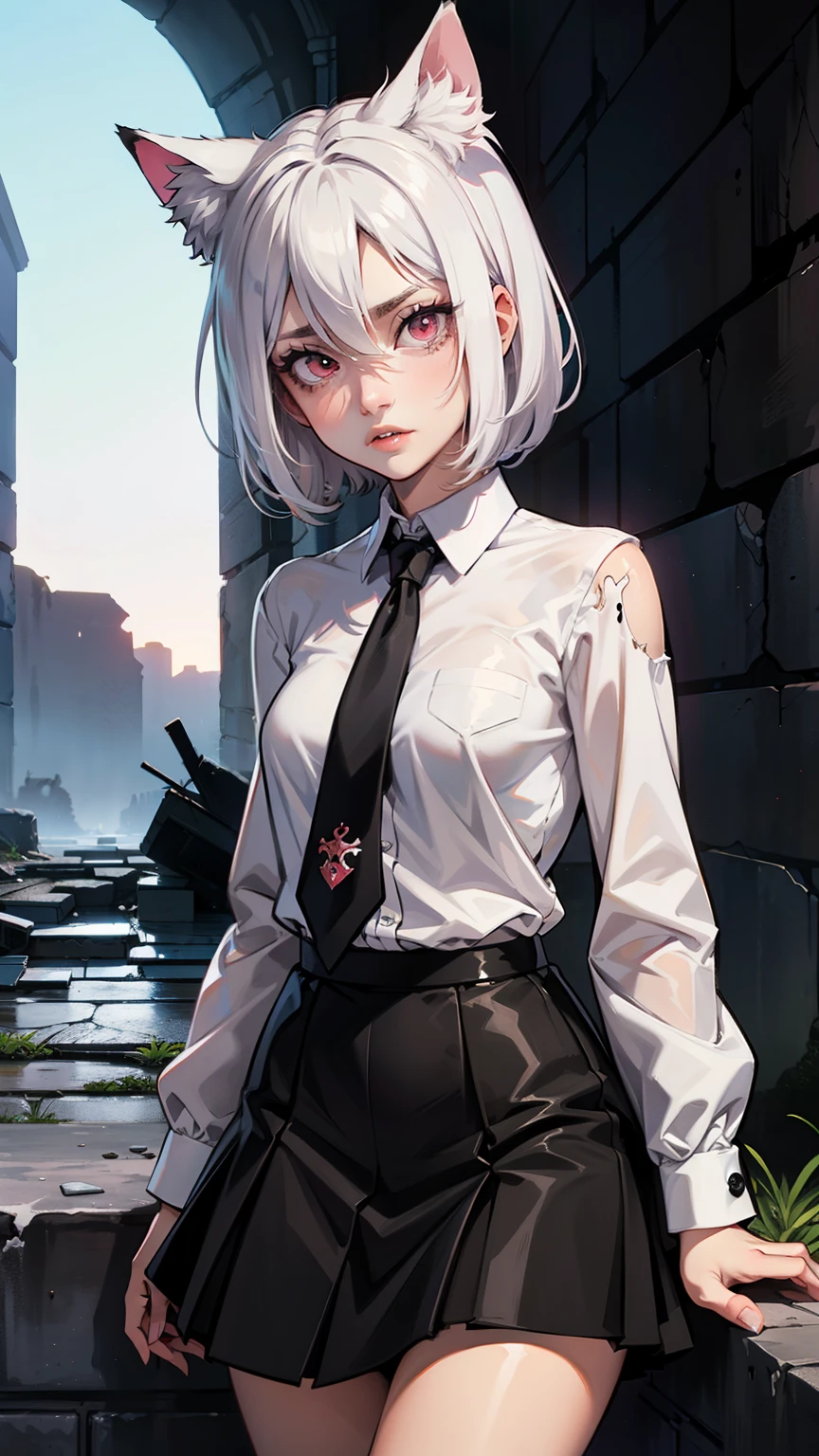 White hair. shorth hair. アニメ. Eyes red. glare eyes. nekomimi. white clothes. Black Skirt. pink necktie.,(Ruined dungeon ruins background:1.4 )