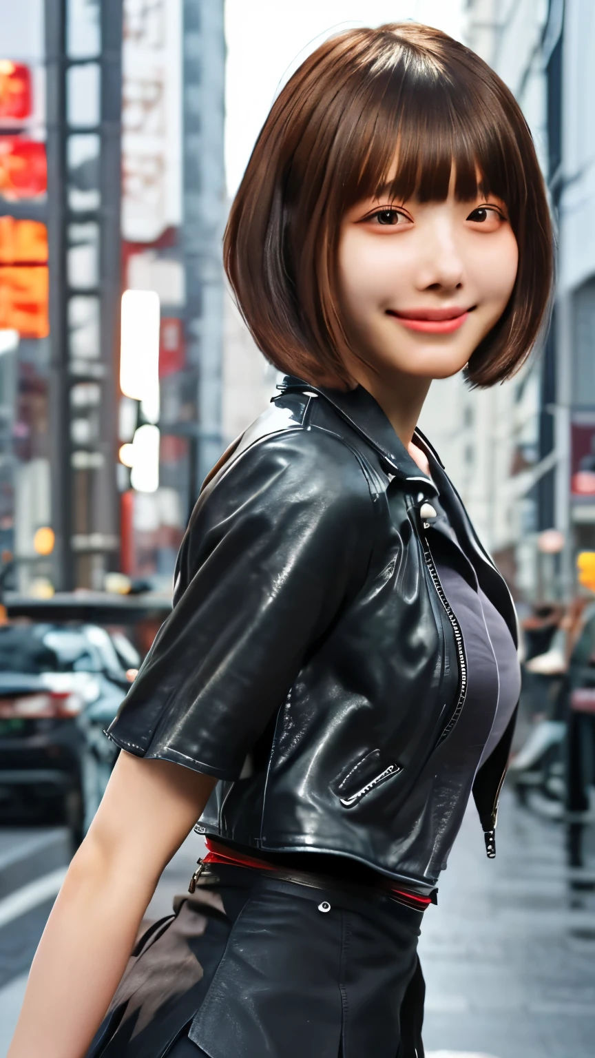 Realistic, software, Beautiful Japanese Girl, A shy smile,Bob cut short hair,leather jacket,Leather skirt,boots,Align your bangs