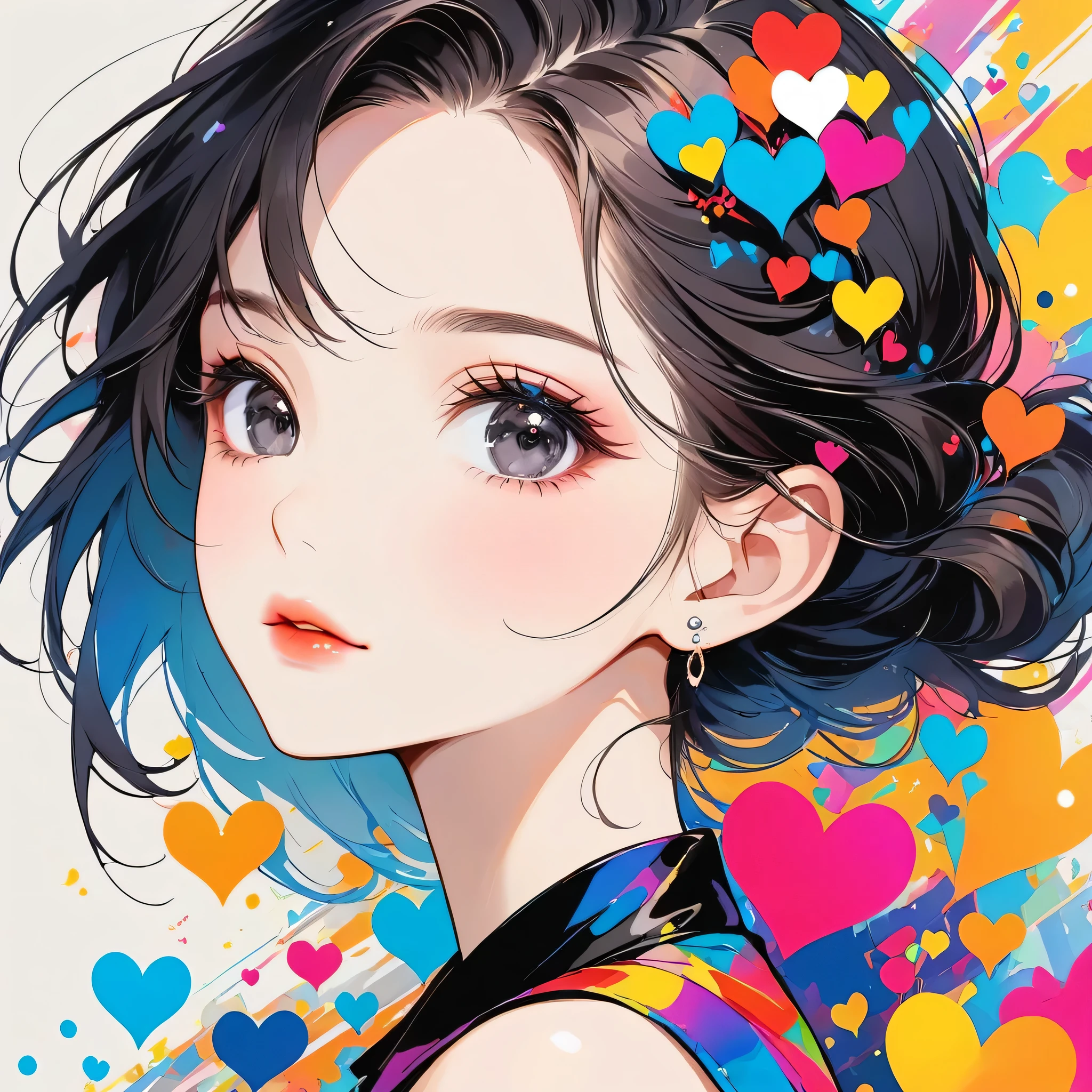 Mika Pikazo colorful style, Simple Line Initialism，Abstract art，Urban Background, (((The most beautiful girl of all time))), black eyes, Sweet face. Lips in love, colorful hearts, stylish design, black eyes, Front face