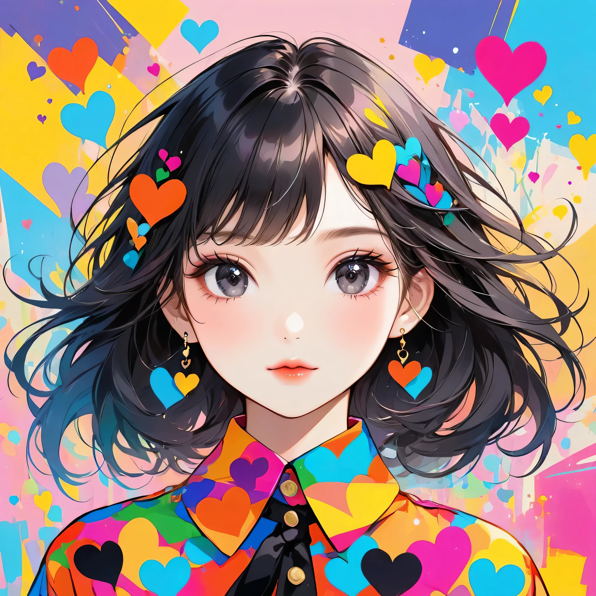 Mika Pikazo colorful style, Simple Line Initialism,Abstract art,Urban Background, (((The most beautiful girl of all time))), black eyes, Sweet face. Lips in love, colorful hearts, stylish design, black eyes, Front face