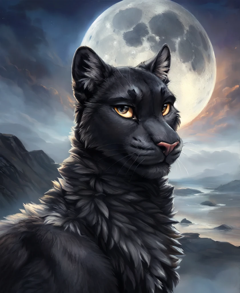 ((solo)) (feral, panther), male, looking at viewer, arrogant,No smile, night, fog, ocean waves behind, mighty posture, full moon,, best quality, shaded, extreme detail, highly detailed, ultradetailed, intricate, realistic, detailed background, hi res, realistic, photography \(artwork\), (by kenket), by ross tran, by michael & inessa garmash, by pino daeni, by isvoc, by kiguri, by alena aenami, by ruan jia, (by zenthetiger, by wolfy-nail), by Enki Bilal, by drmax, photorealism,